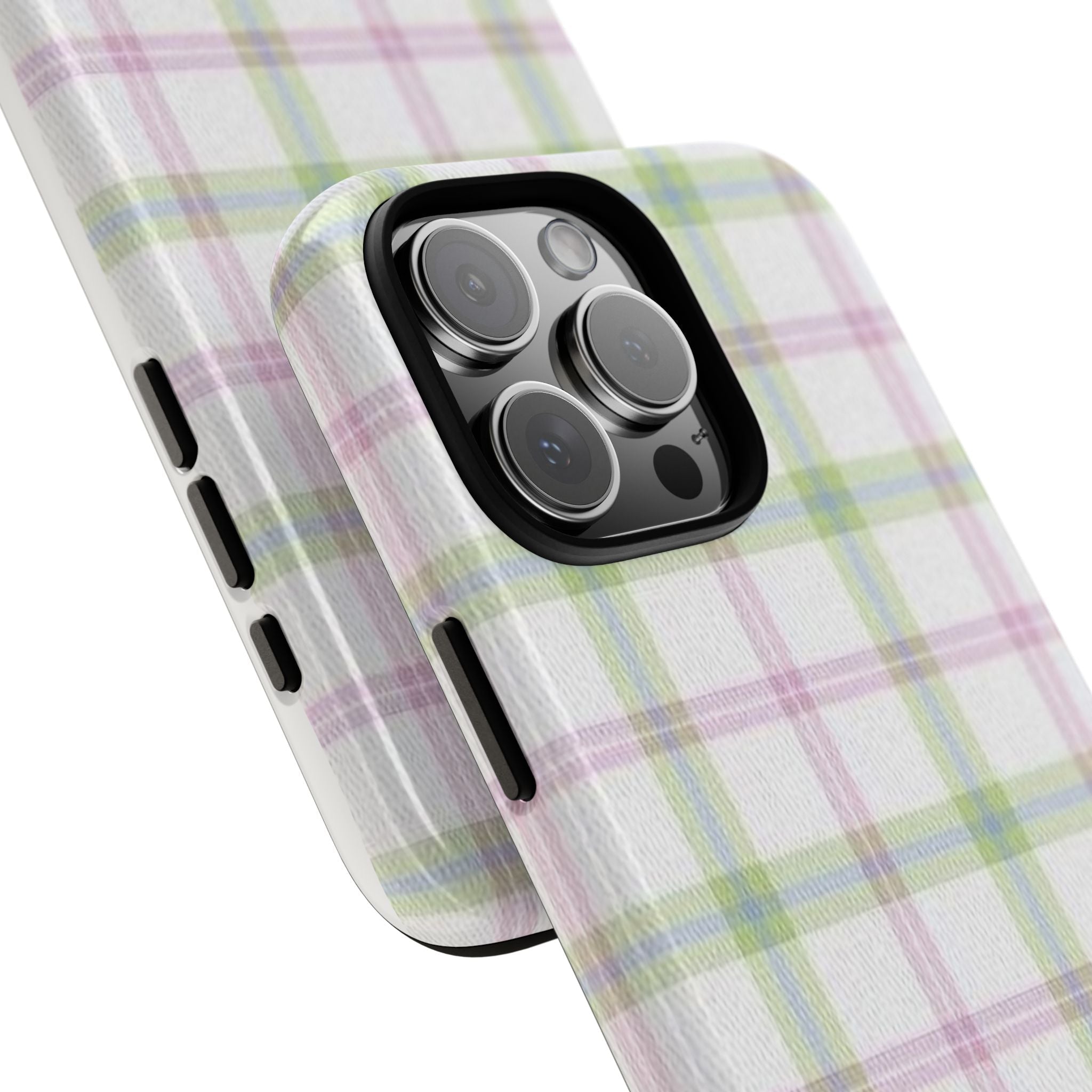 Pastel plaid phone case showing side grip slots and camera bump cutout