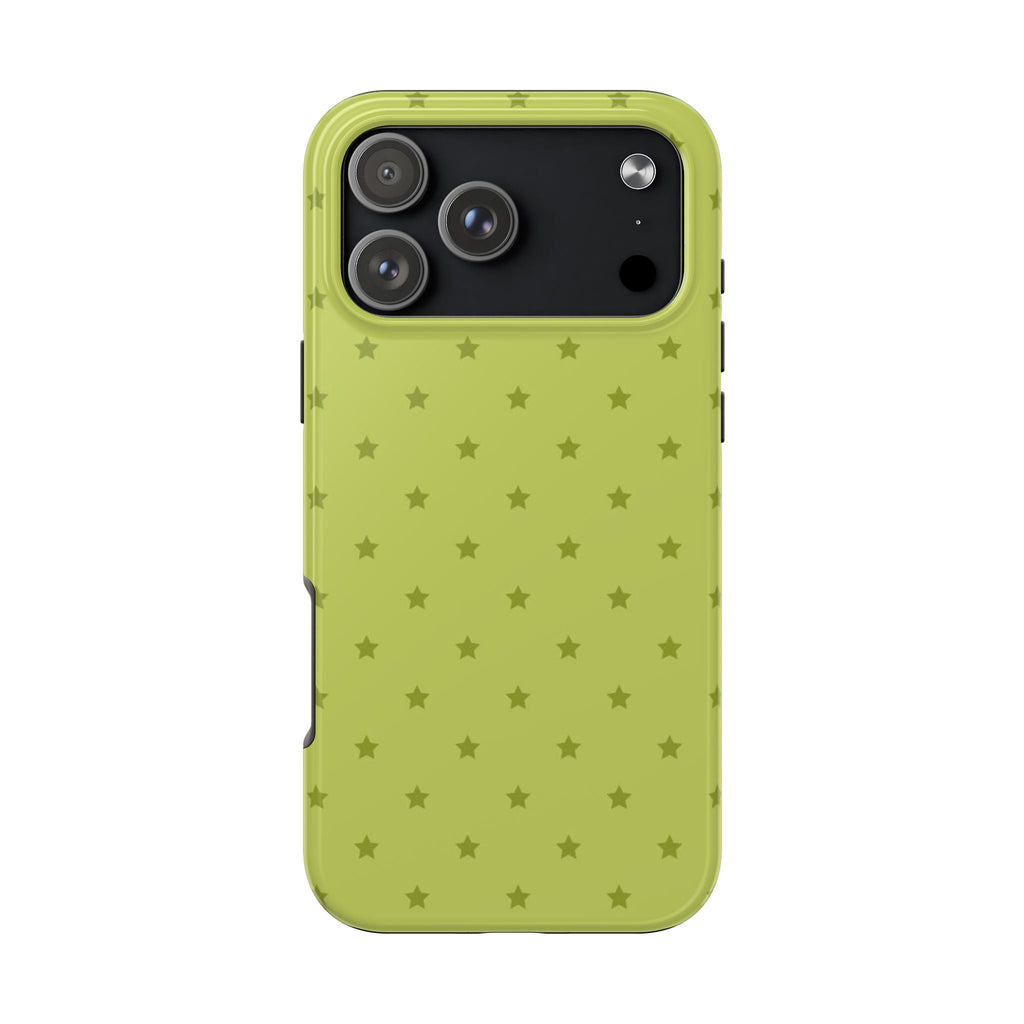 Matcha stars phone case in light green with subtle star pattern, camera cutout visible