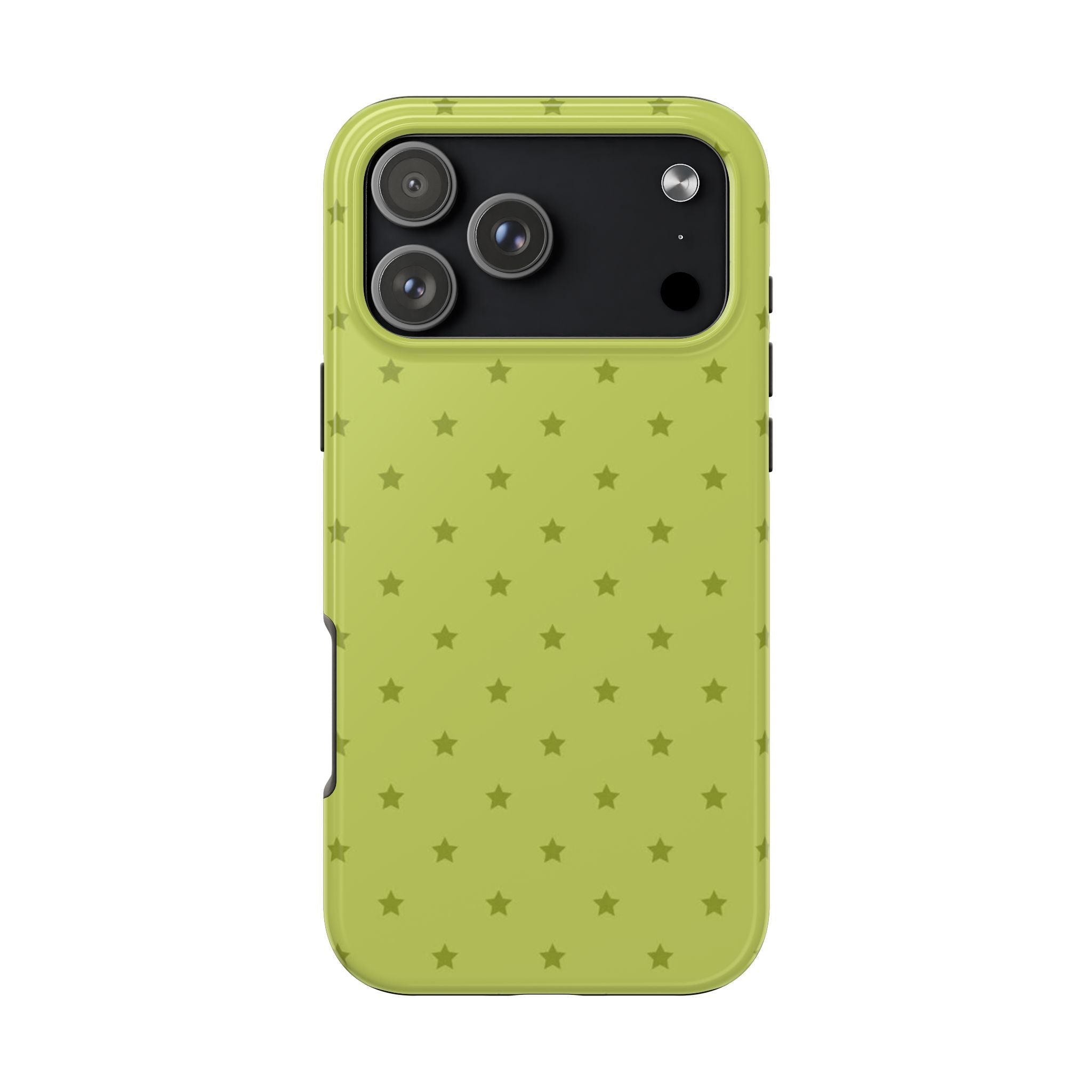 Matcha stars phone case in light green with subtle star pattern, camera cutout visible