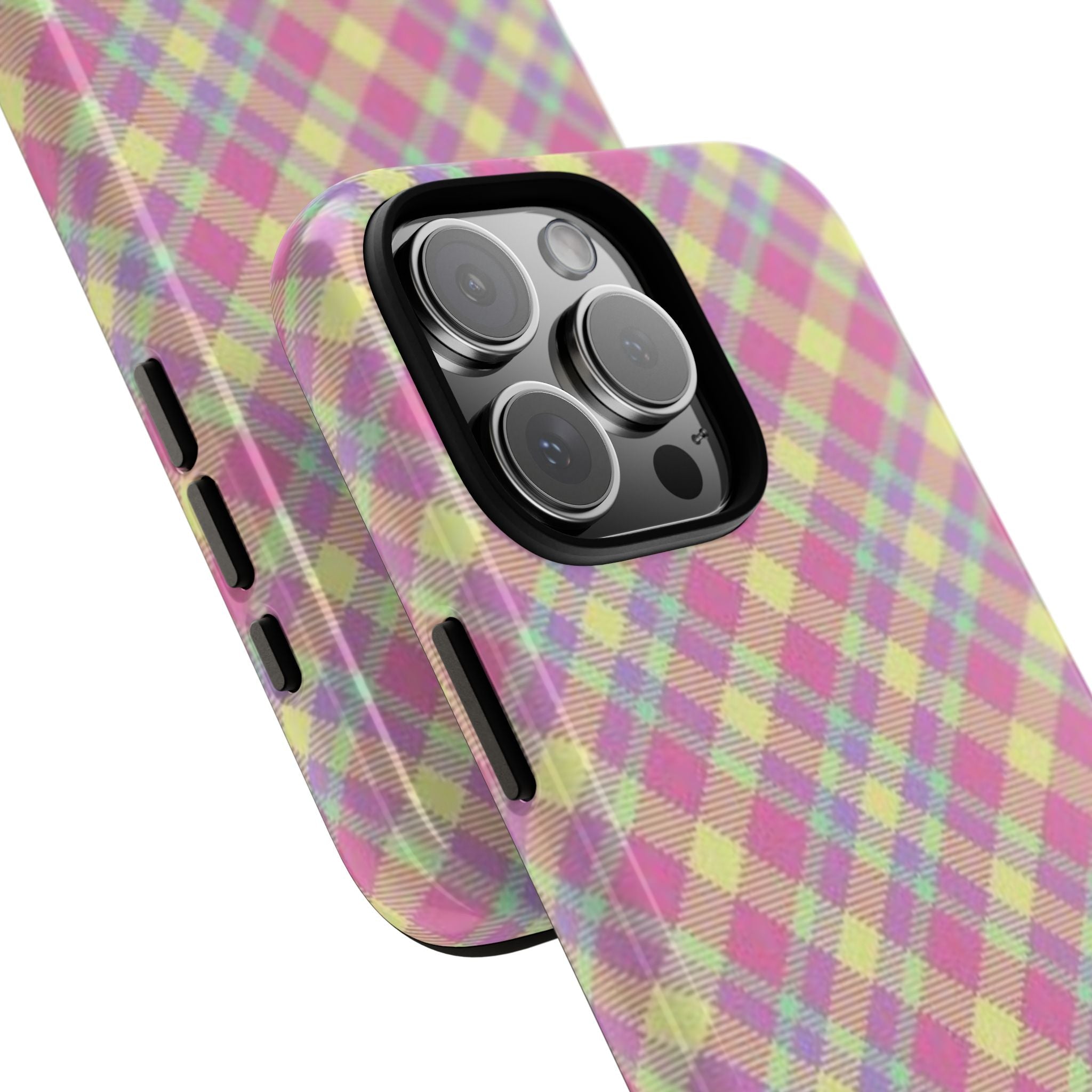 Maui plaid phone case corner with side button cutouts; diamond check pattern