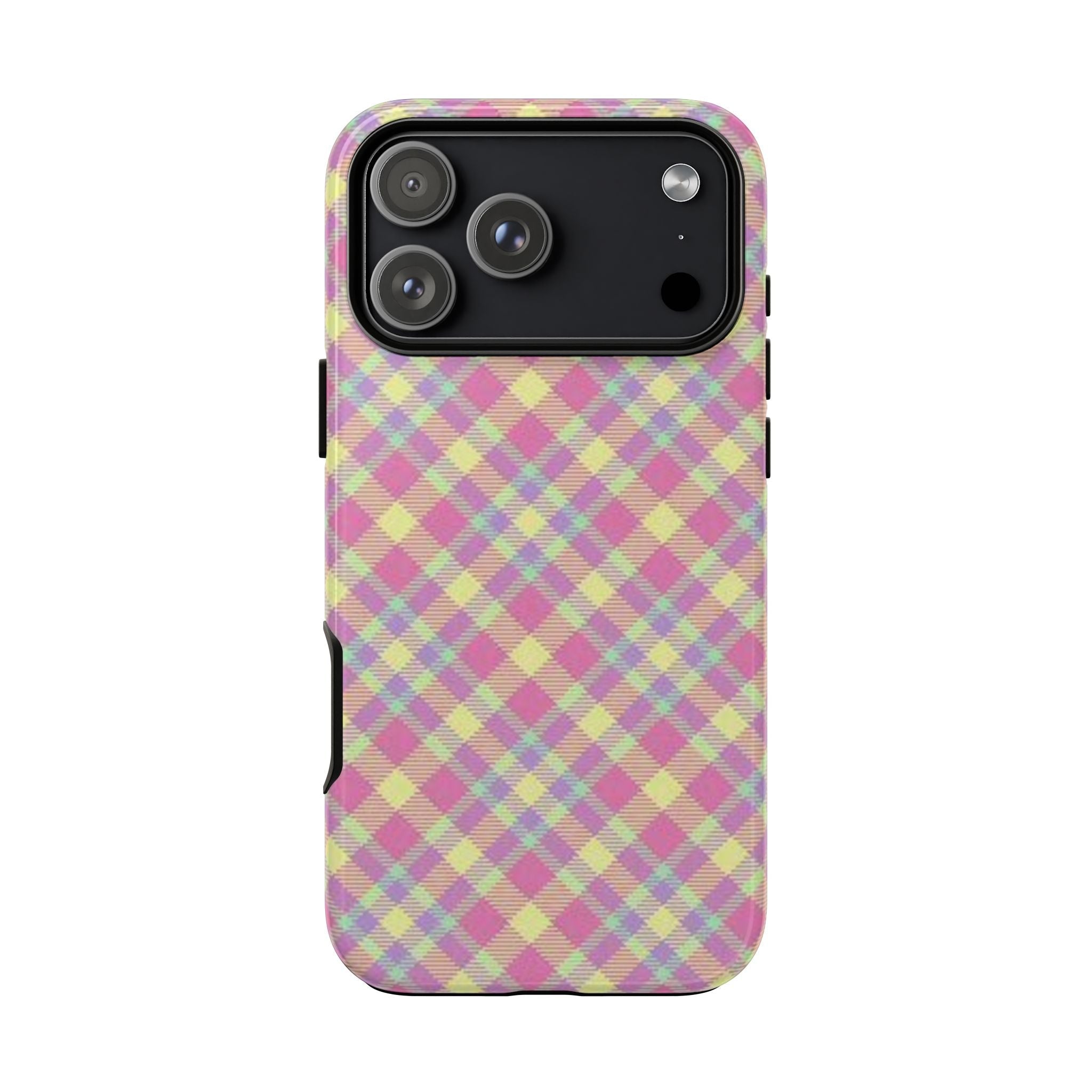 Maui plaid phone case, purple/pink check pattern with raised camera cutout