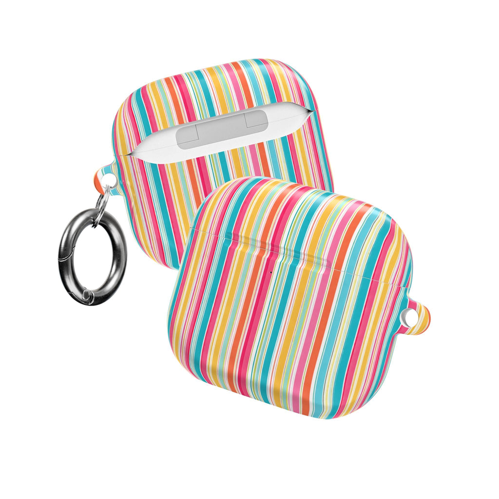 AirPod case with vertical rainbow stripes, open lid and keyring attachment