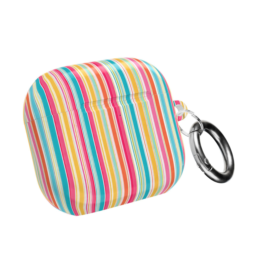 AirPod case with vertical rainbow stripes and metal keyring, closed earbuds cover
