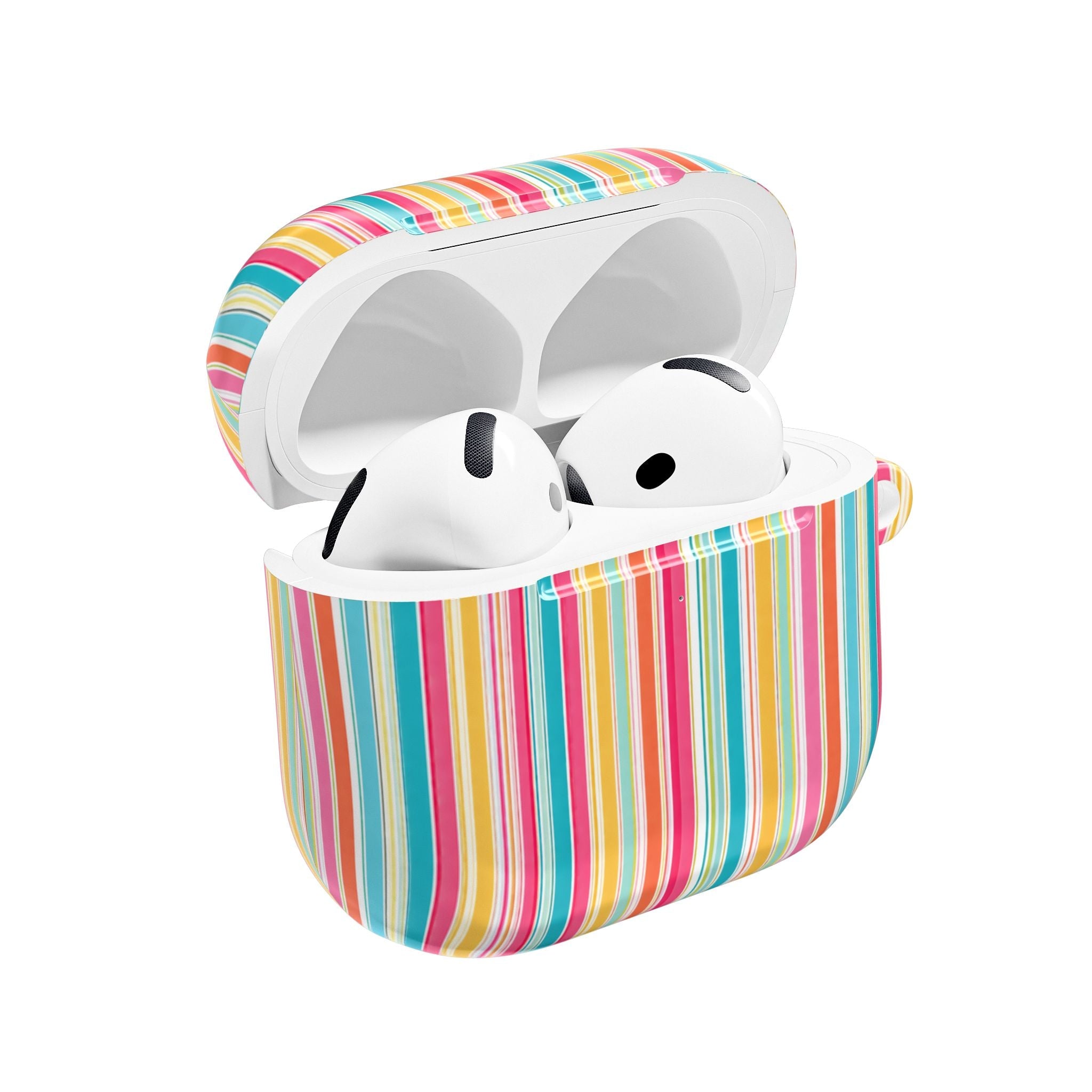 AirPod case with colorful vertical stripes, white shell, open lid showing earbuds