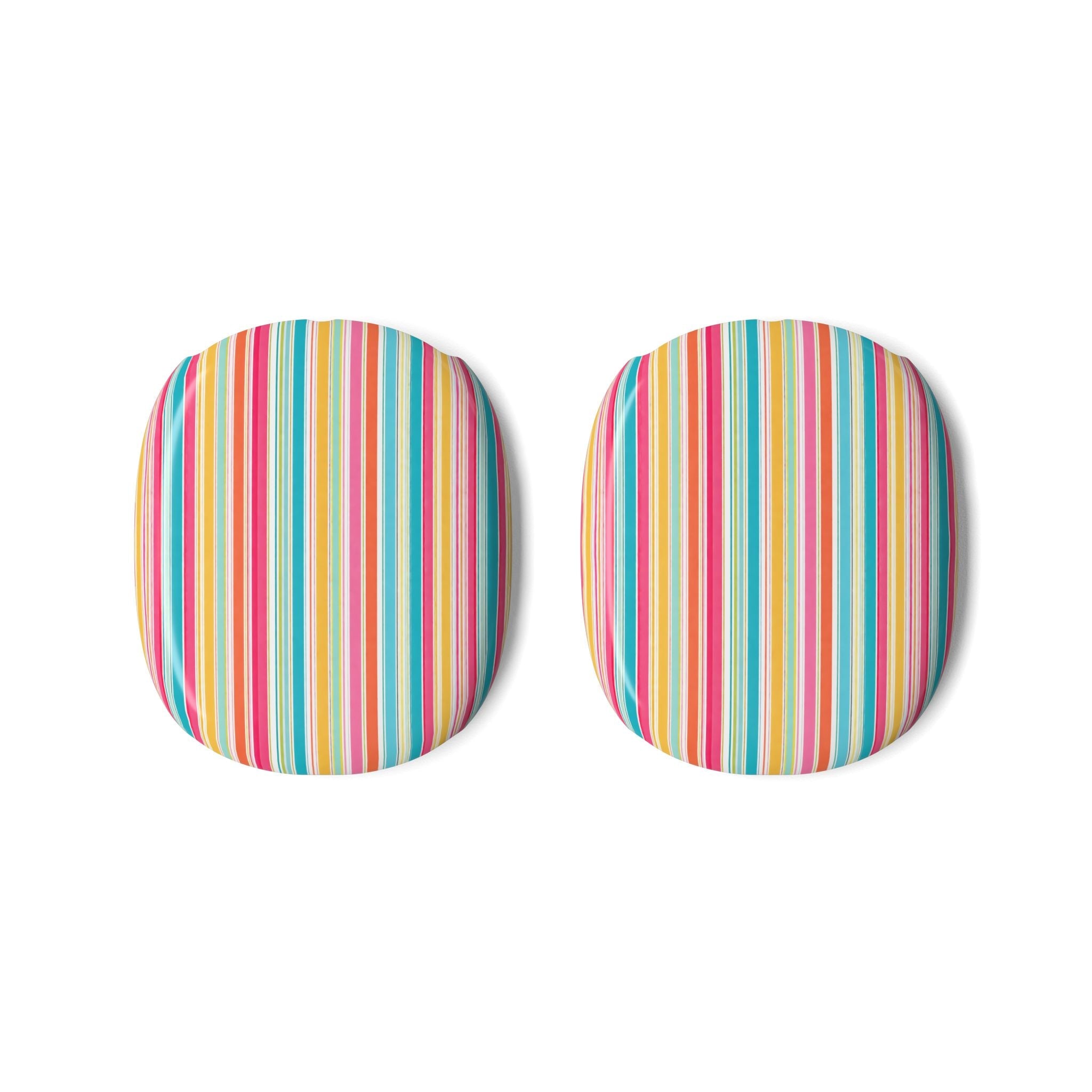 Pair of AirPods Max ear cushion covers with colorful vertical stripes