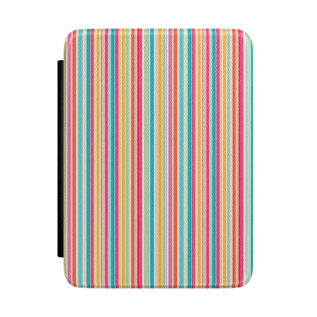 Hardcover Kindle case with colorful vertical stripes and black spine edge