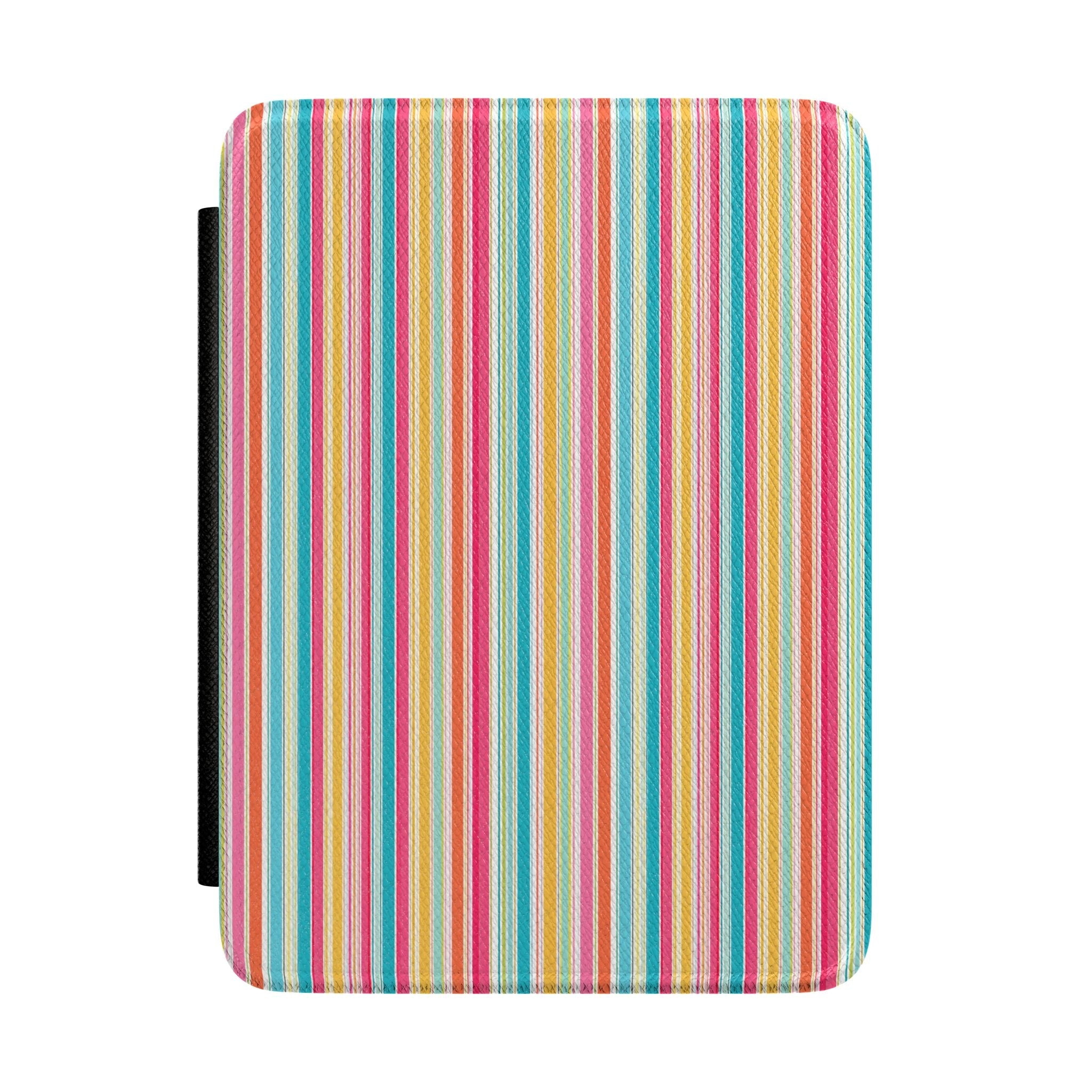 Hardcover Kindle case with colorful vertical stripes and black spine edge