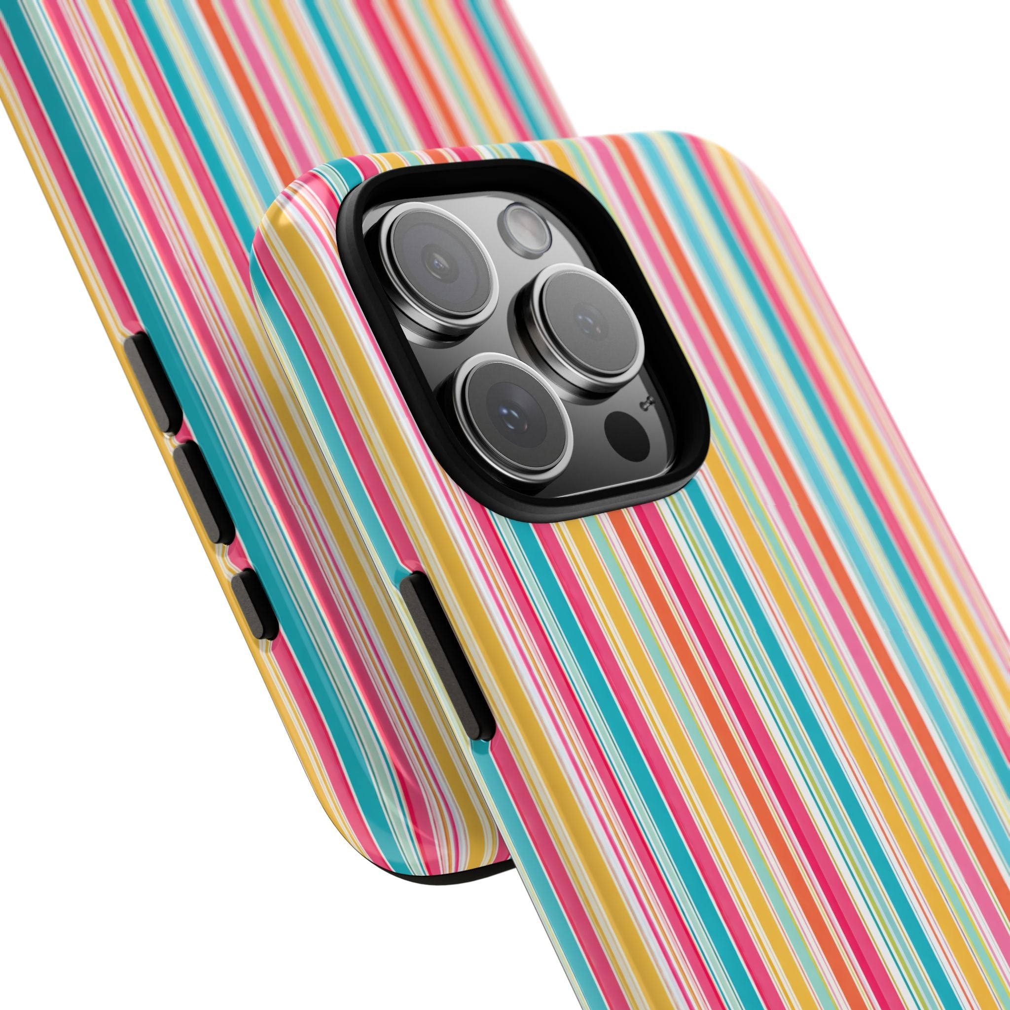 Angled view of multicolor vertical stripe phone case with camera lens cutout