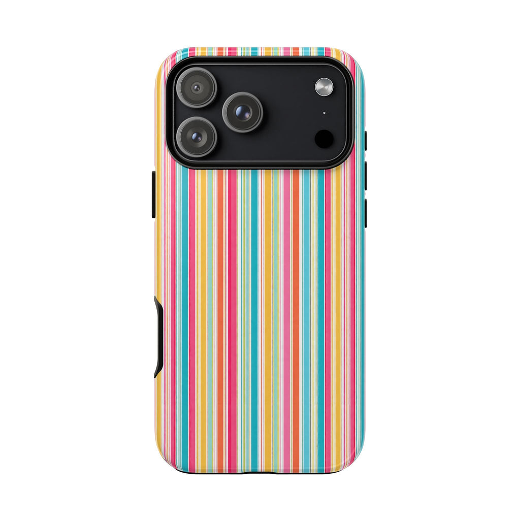 Multicolor striped phone case with raised camera area and side button openings