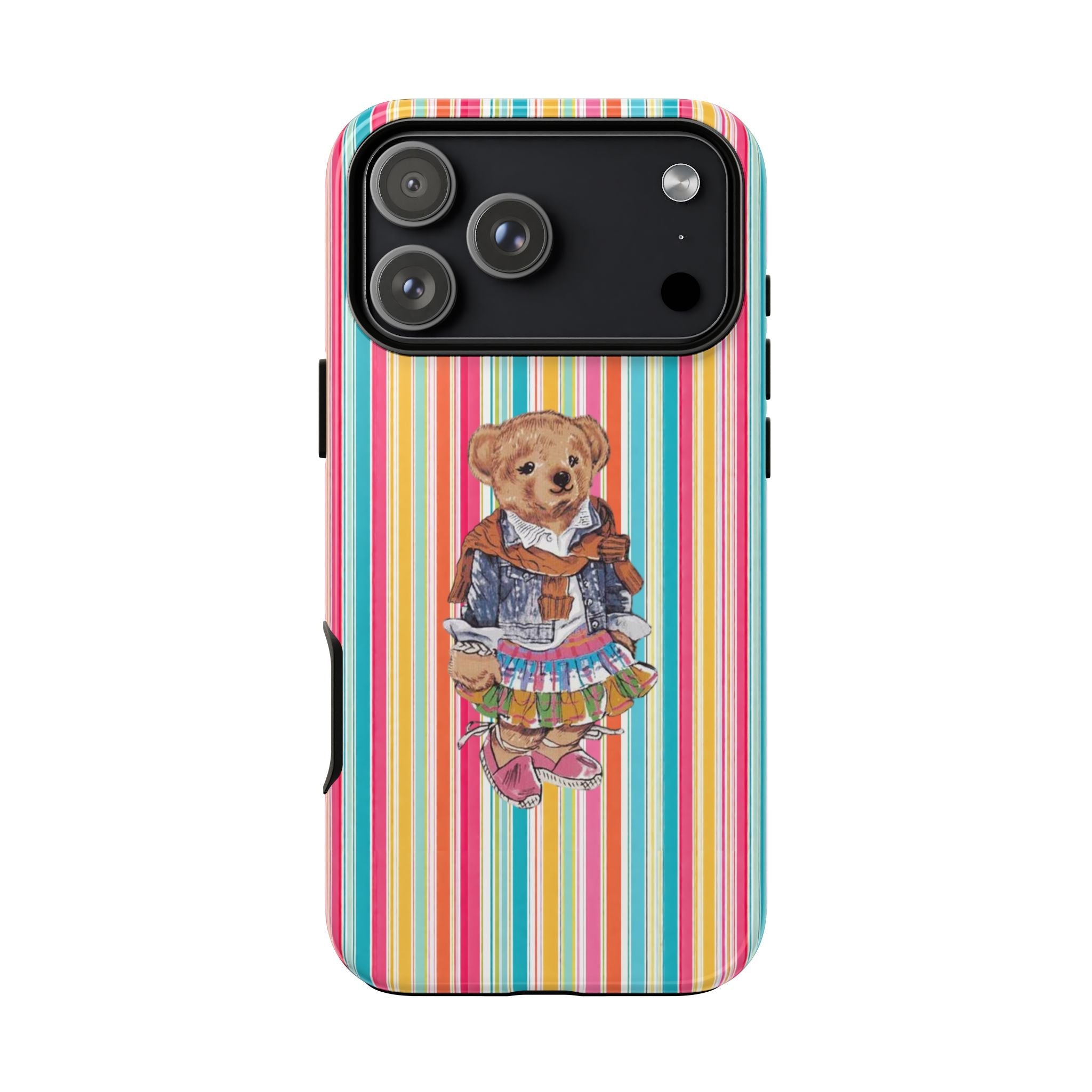 Back of striped phone case with teddy bear girl graphic and camera cutout frame