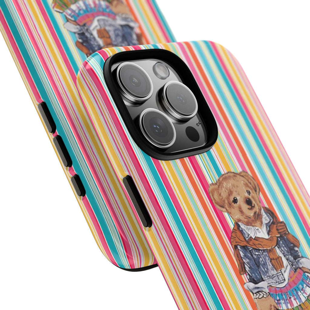 Vertical striped phone case with teddy bear girl art beside raised triple camera lenses