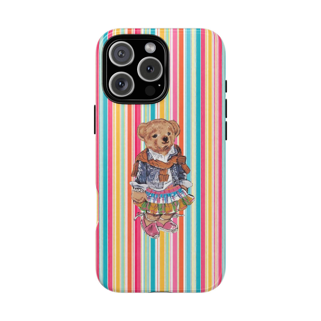 Colorful vertical striped phone case with cute teddy bear girl illustration