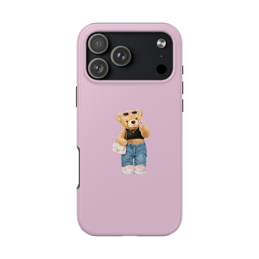 Mauve/pink phone case with teddy bear graphic and camera cutout on top back