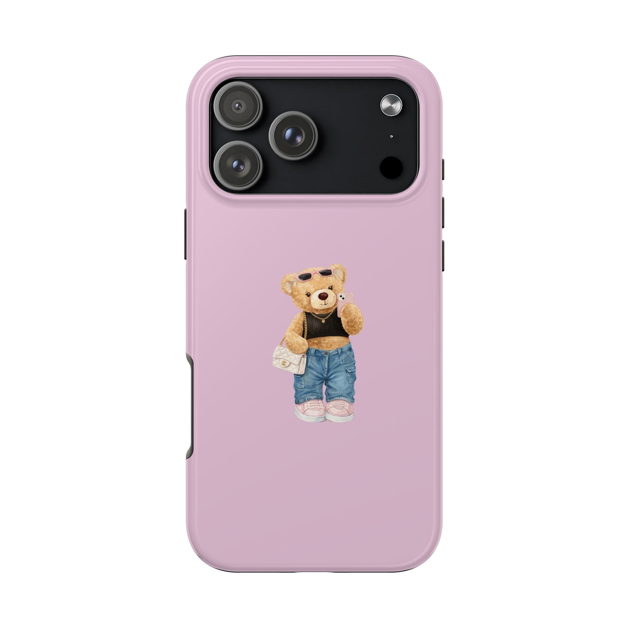 Mauve/pink phone case with teddy bear graphic and camera cutout on top back