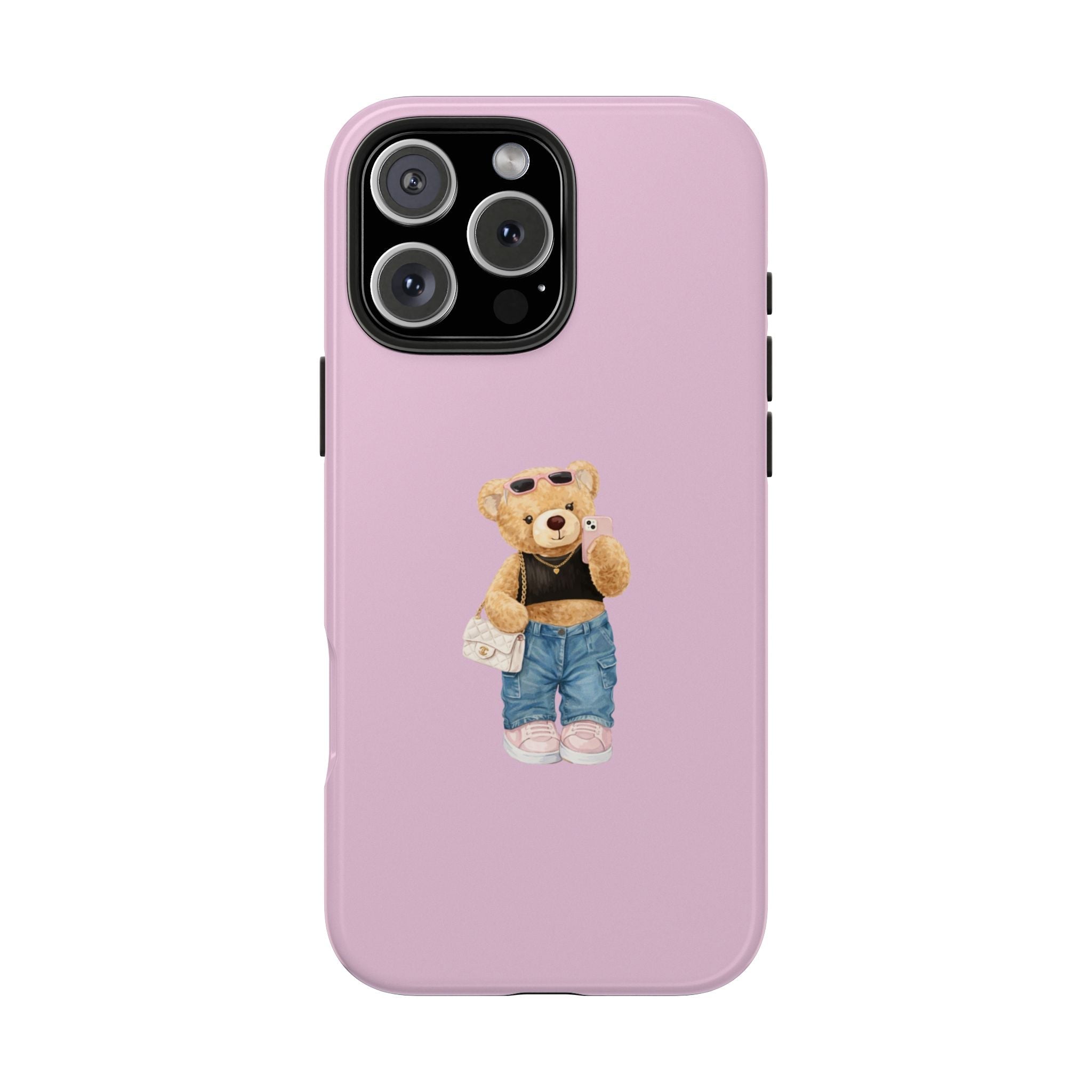 Mauve/pink phone case with teddy bear in denim outfit centered on back