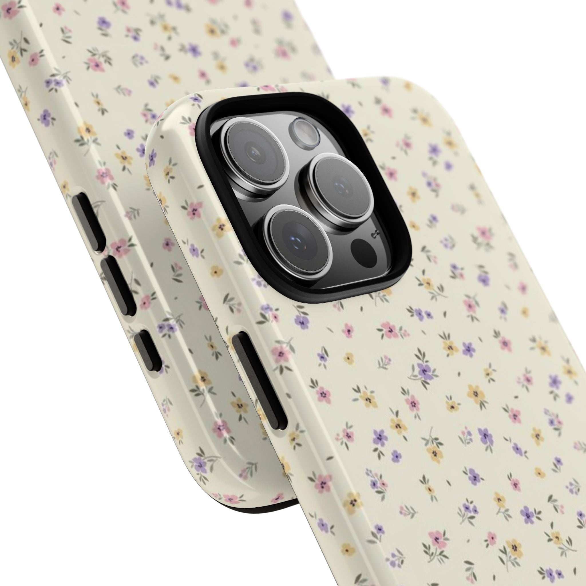Angled cream ditsy meadow floral phone case with rear camera lens covers