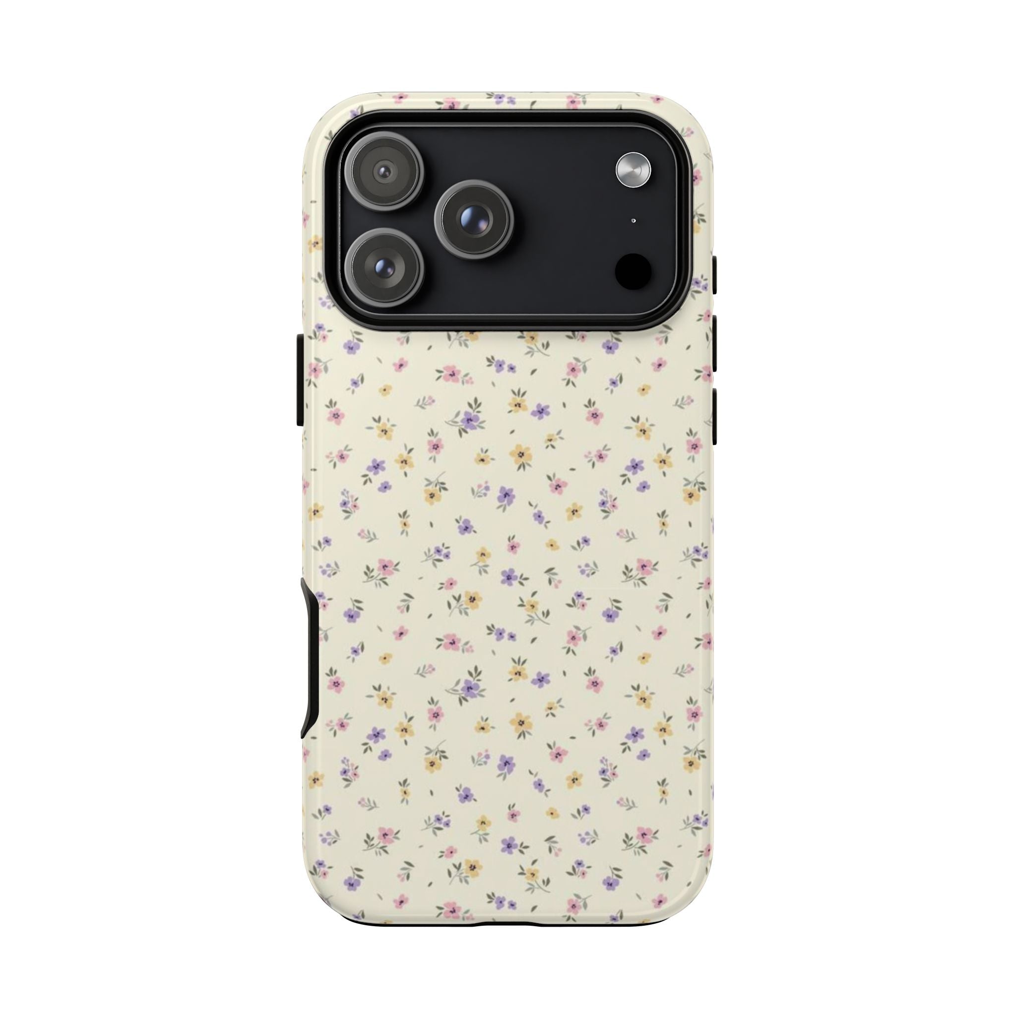 Back of cream ditsy meadow floral phone case showing triple camera cutout and flash