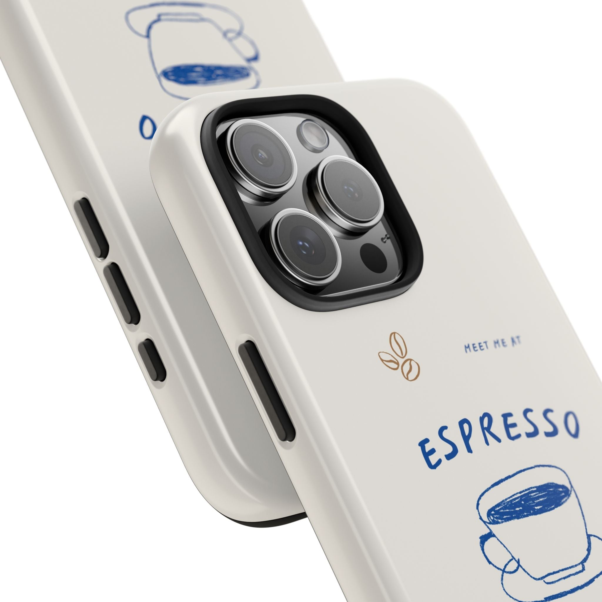 Angled view of cream phone case with blue espresso cup art and camera cutout.