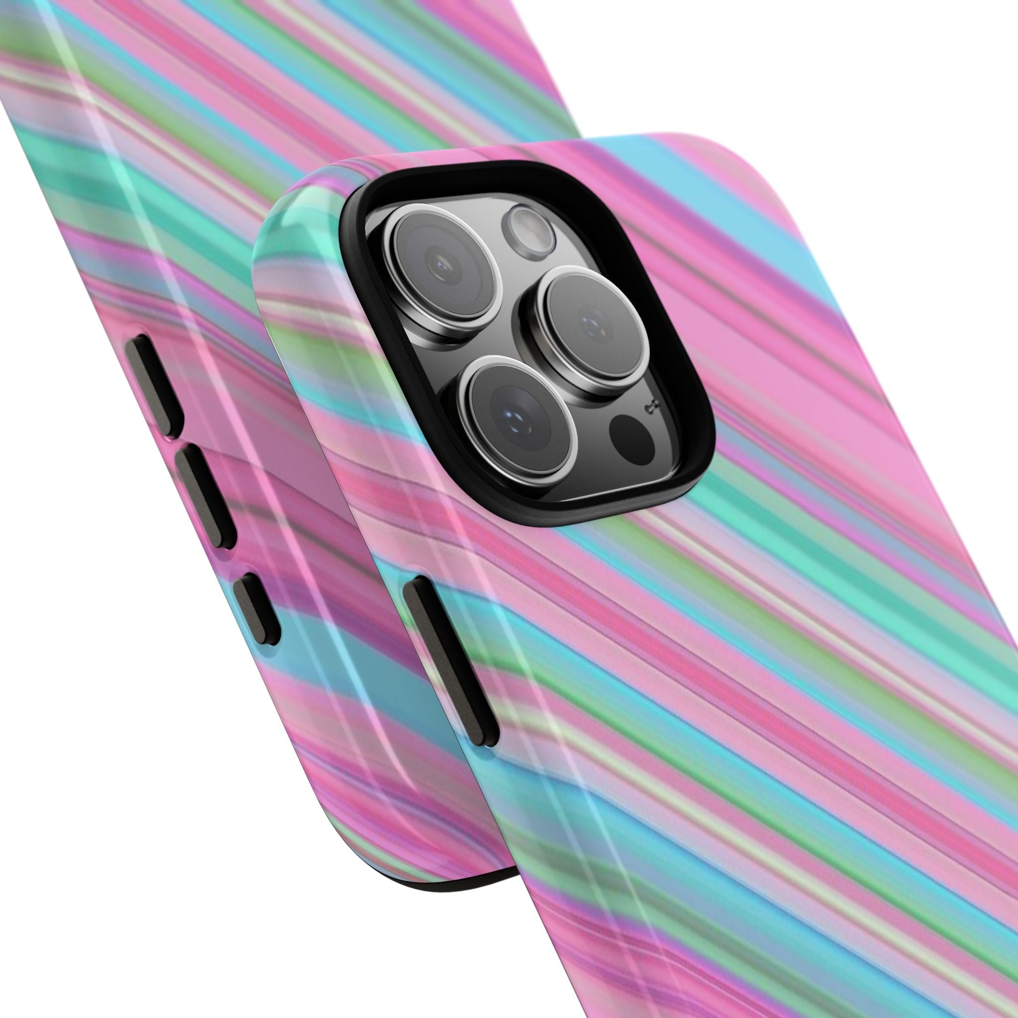Angled view rainbow diagonal striped phone case showing camera module and cutouts