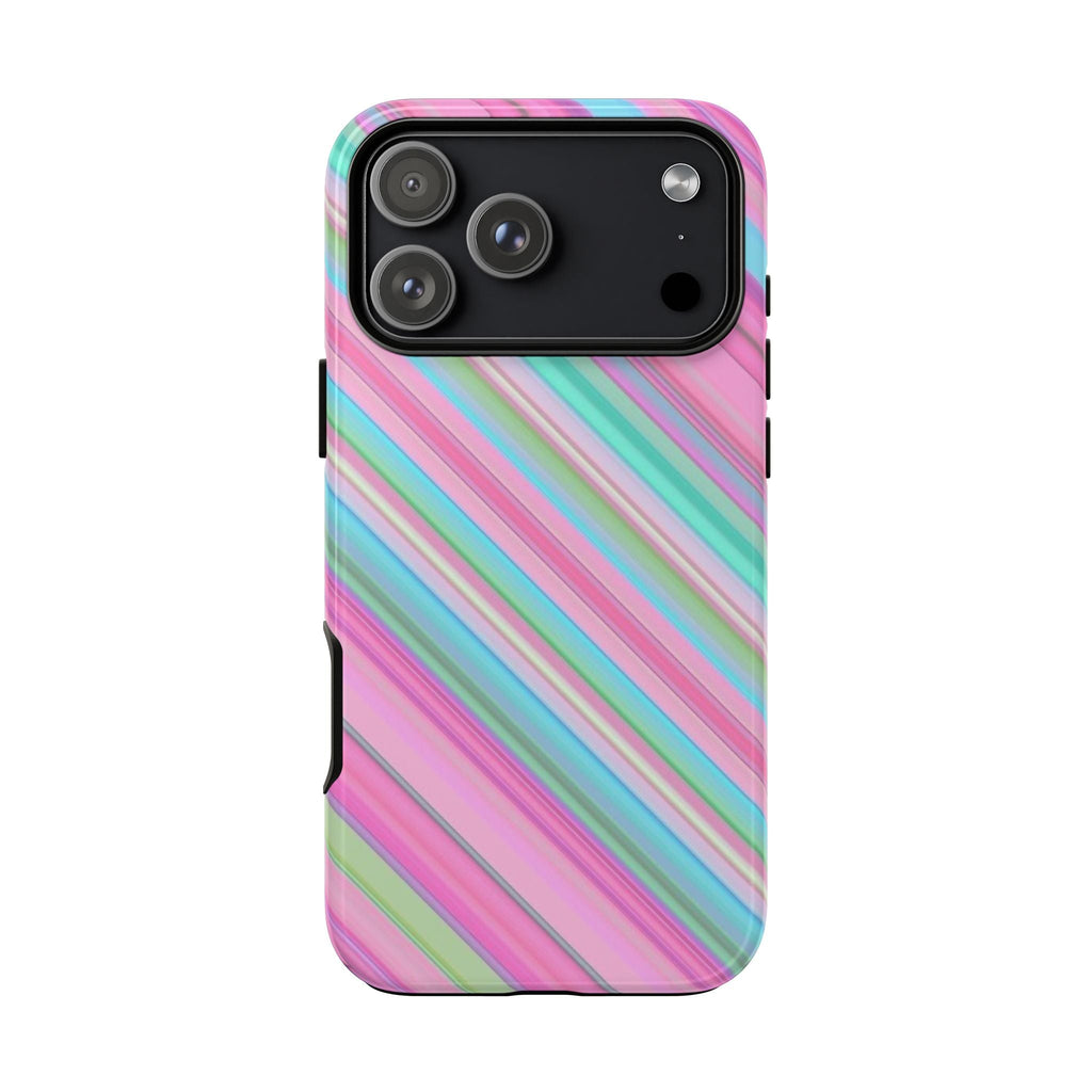 Back view rainbow diagonal striped phone case with camera lens openings