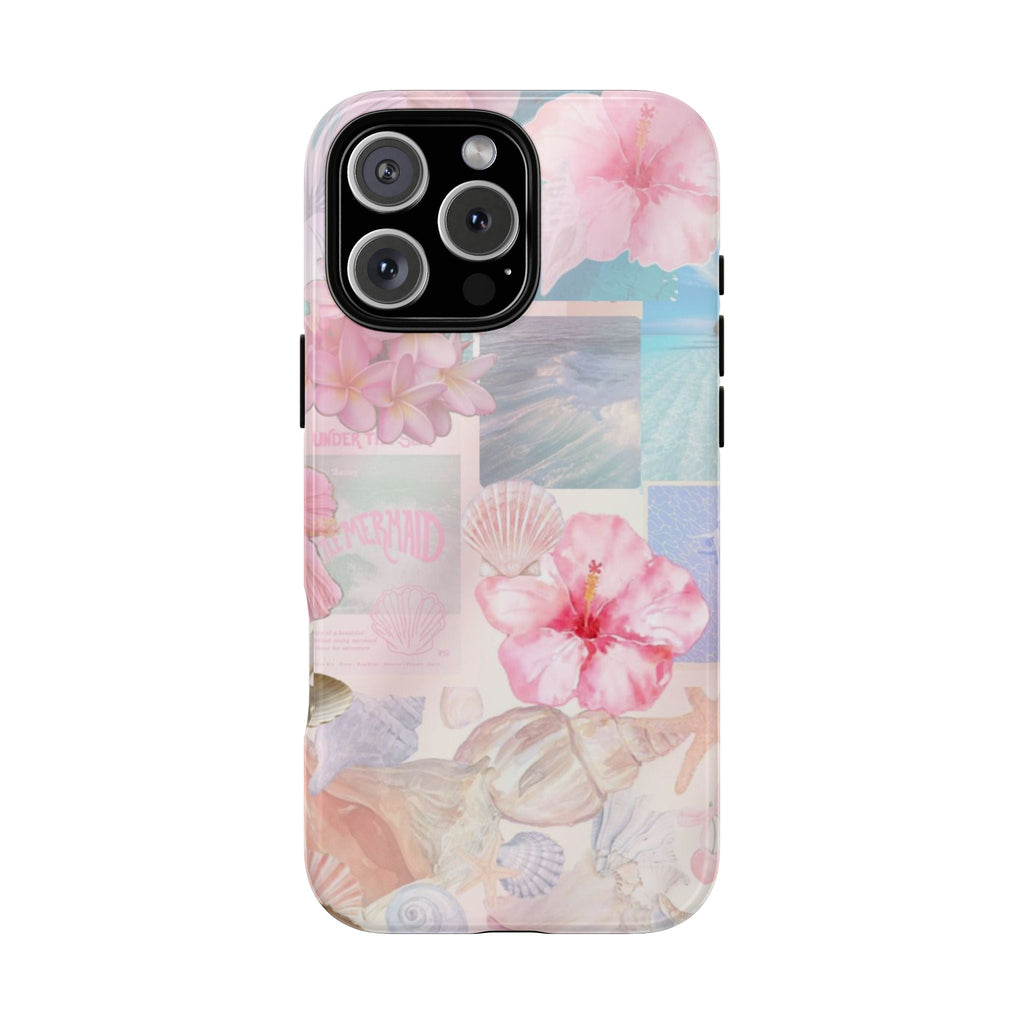 Mermaid collage phone case with pink floral and shell pattern, glossy cover