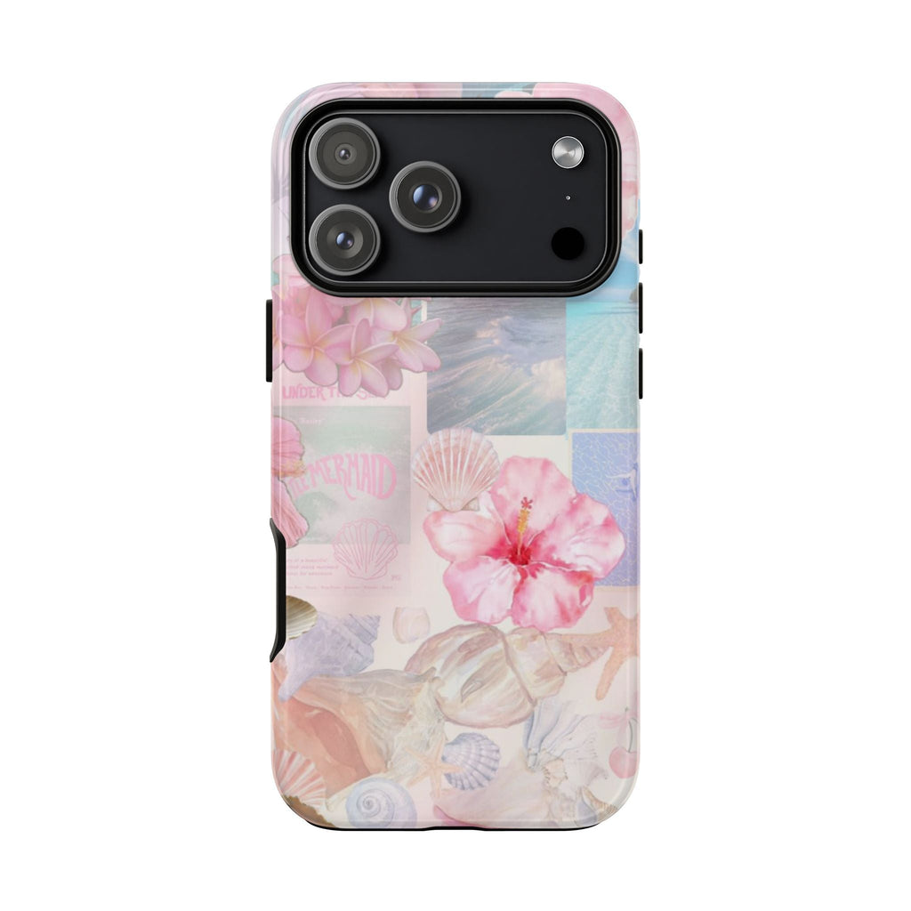Mermaid collage phone case with pink and blue sea-themed graphic, camera cutouts visible