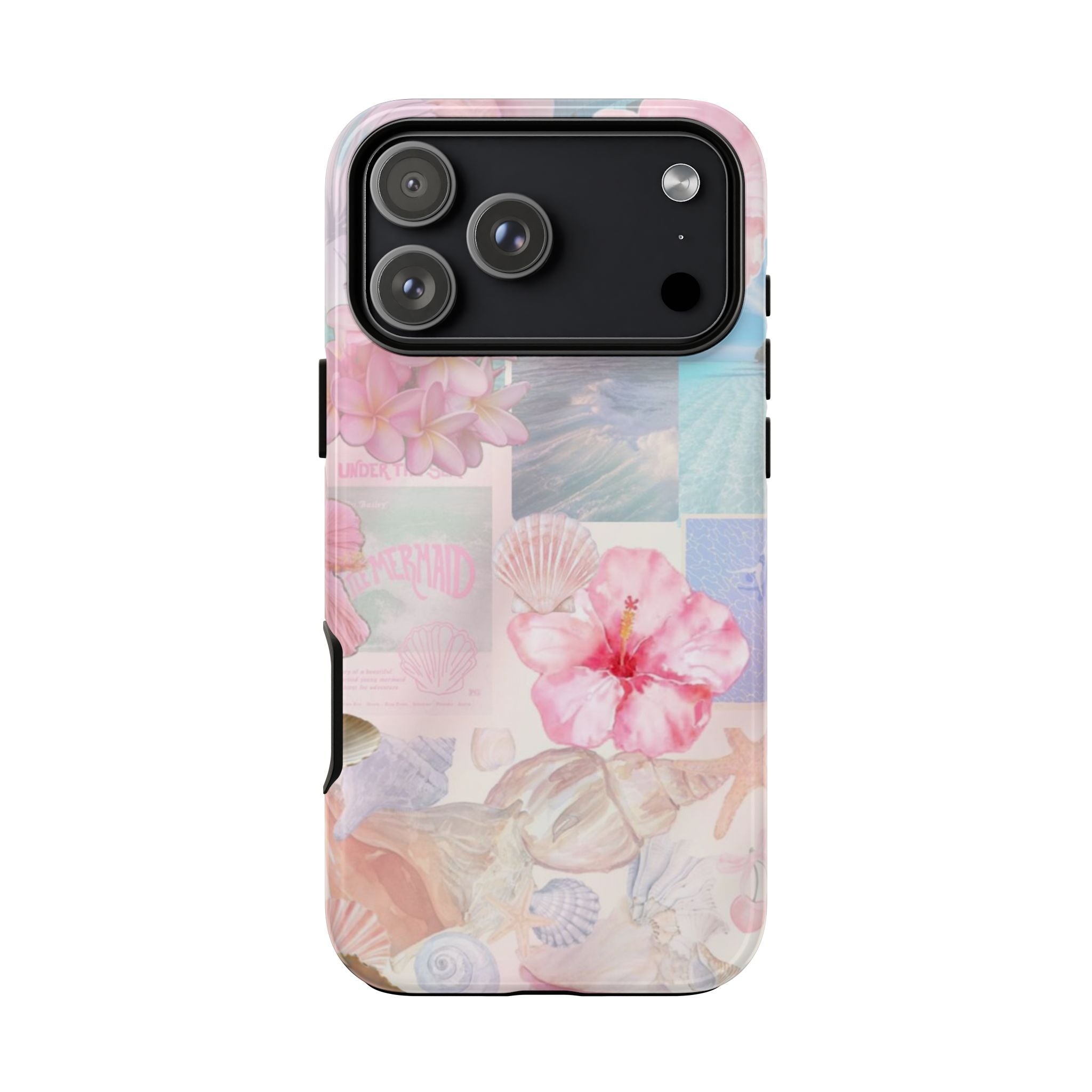 Mermaid collage phone case with pink and blue sea-themed graphic, camera cutouts visible