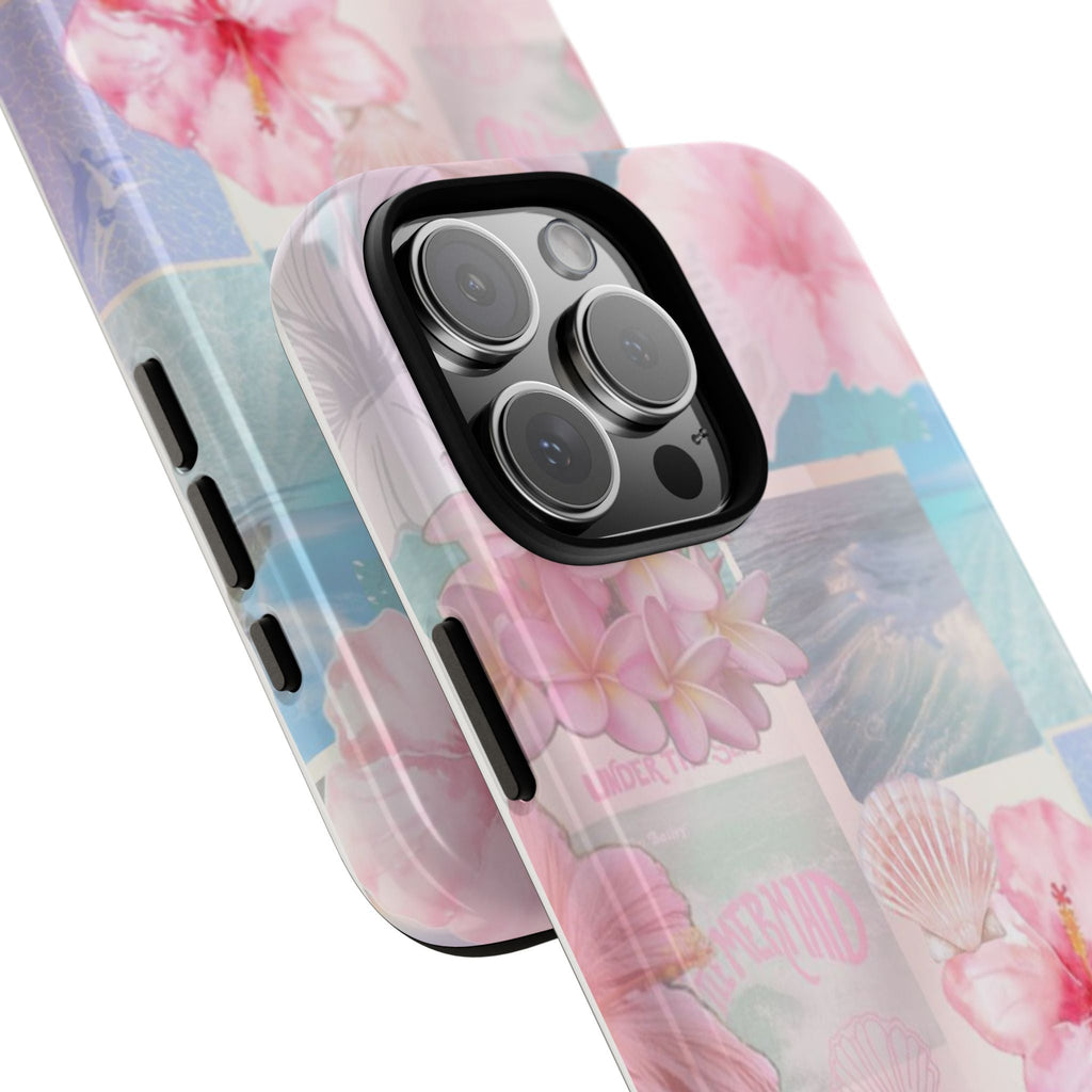 Mermaid collage phone case, angled view showing camera lenses and side button cutouts