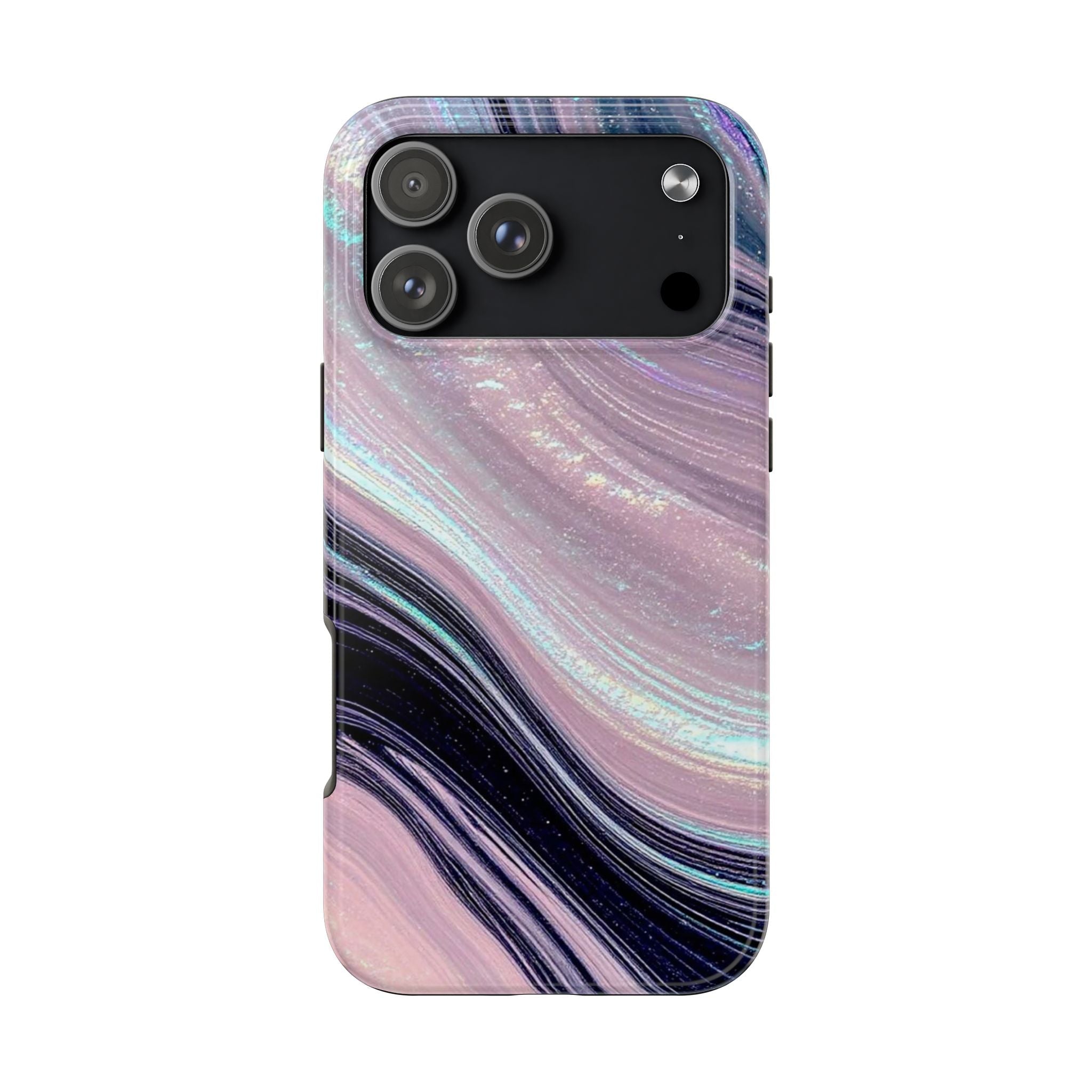Glittery marble swirl phone case with pink, purple, and blue streaks; camera cutouts
