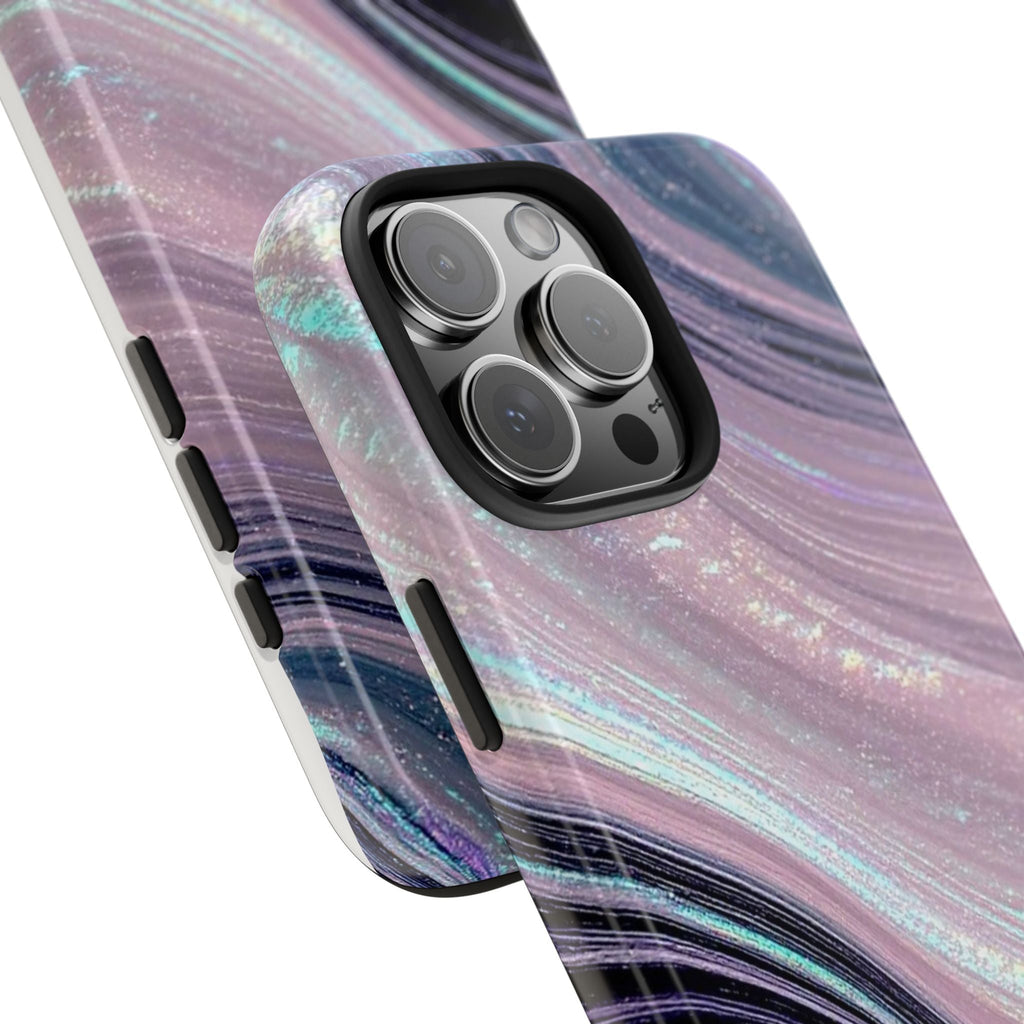 Side-view glitter marble swirl phone case with raised camera area and button cutouts