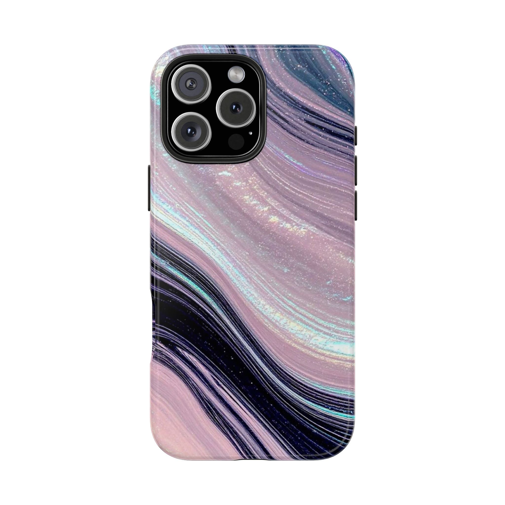 Glitter marble swirl phone case in pink and blue tones with dark camera panel