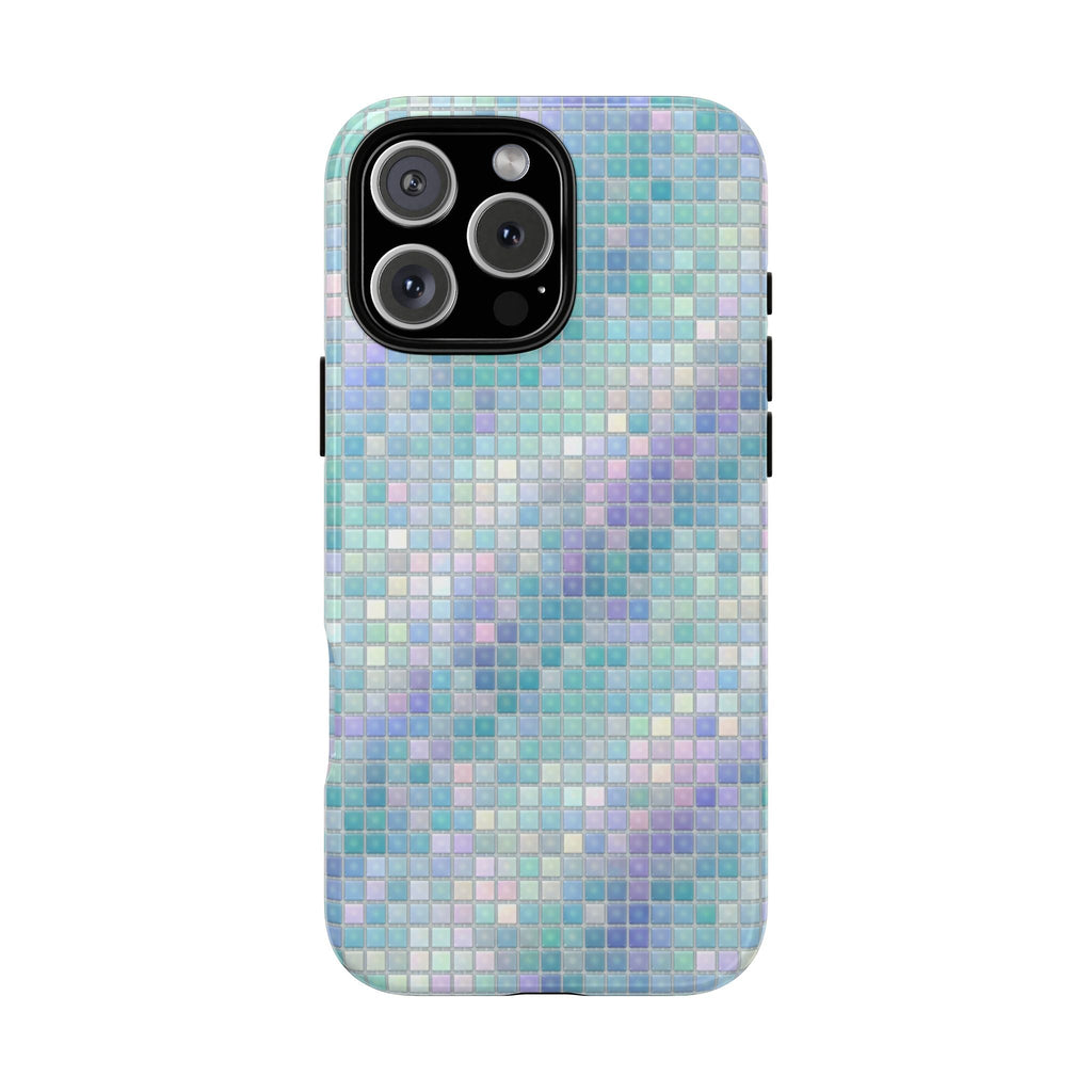 Mermaid mosaic phone case with multicolor square pattern and camera cutout
