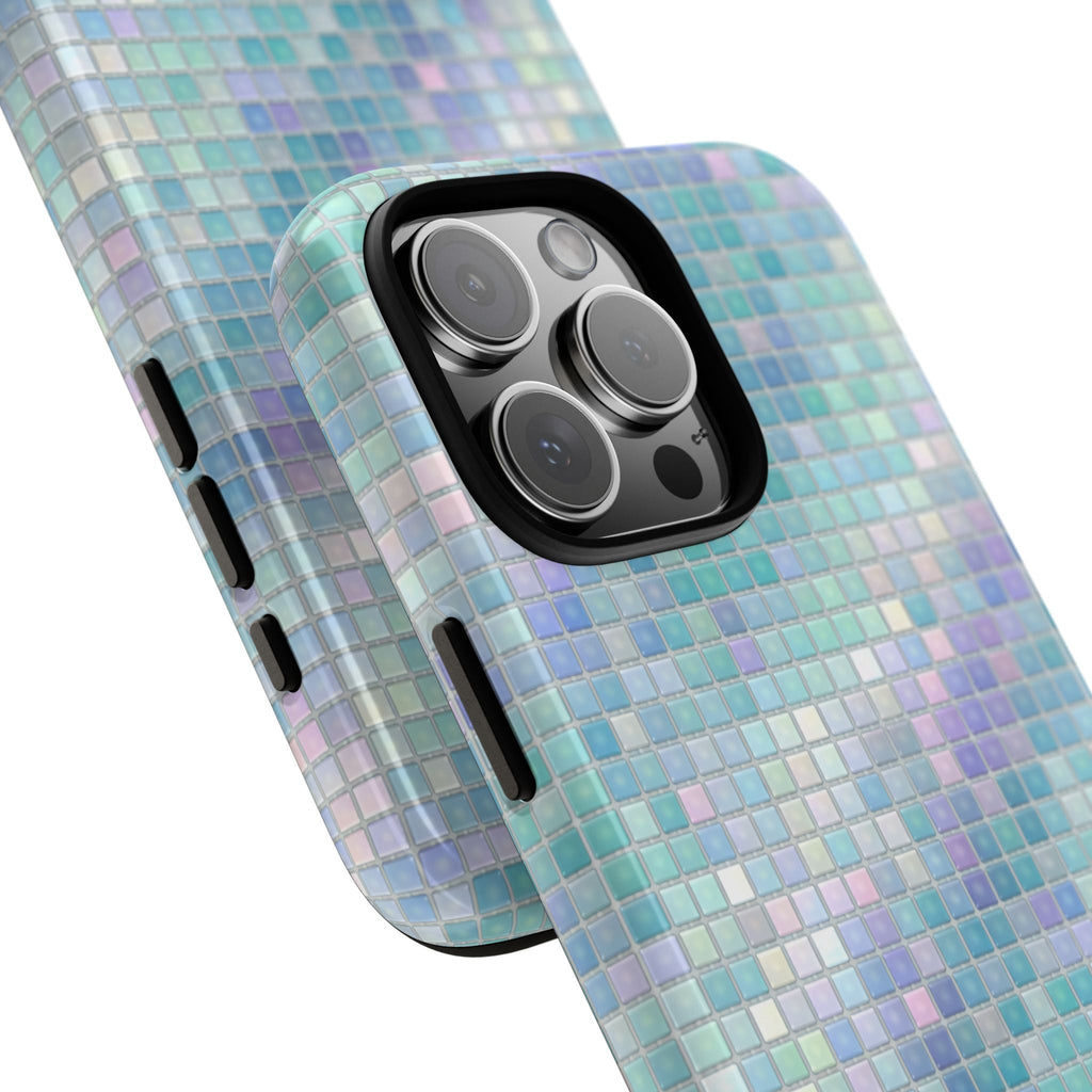 Mermaid mosaic phone case angle view, multicolor tiled finish and side cutouts