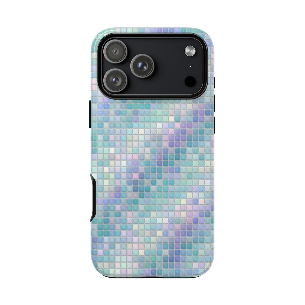 Mermaid mosaic phone case, multicolor tile design with raised camera bump