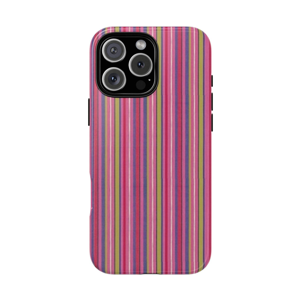 Multi-color vertical stripes phone case with black camera cutout and raised edges