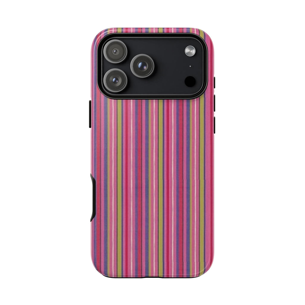 Back of multi-color striped phone case, black camera panel visible