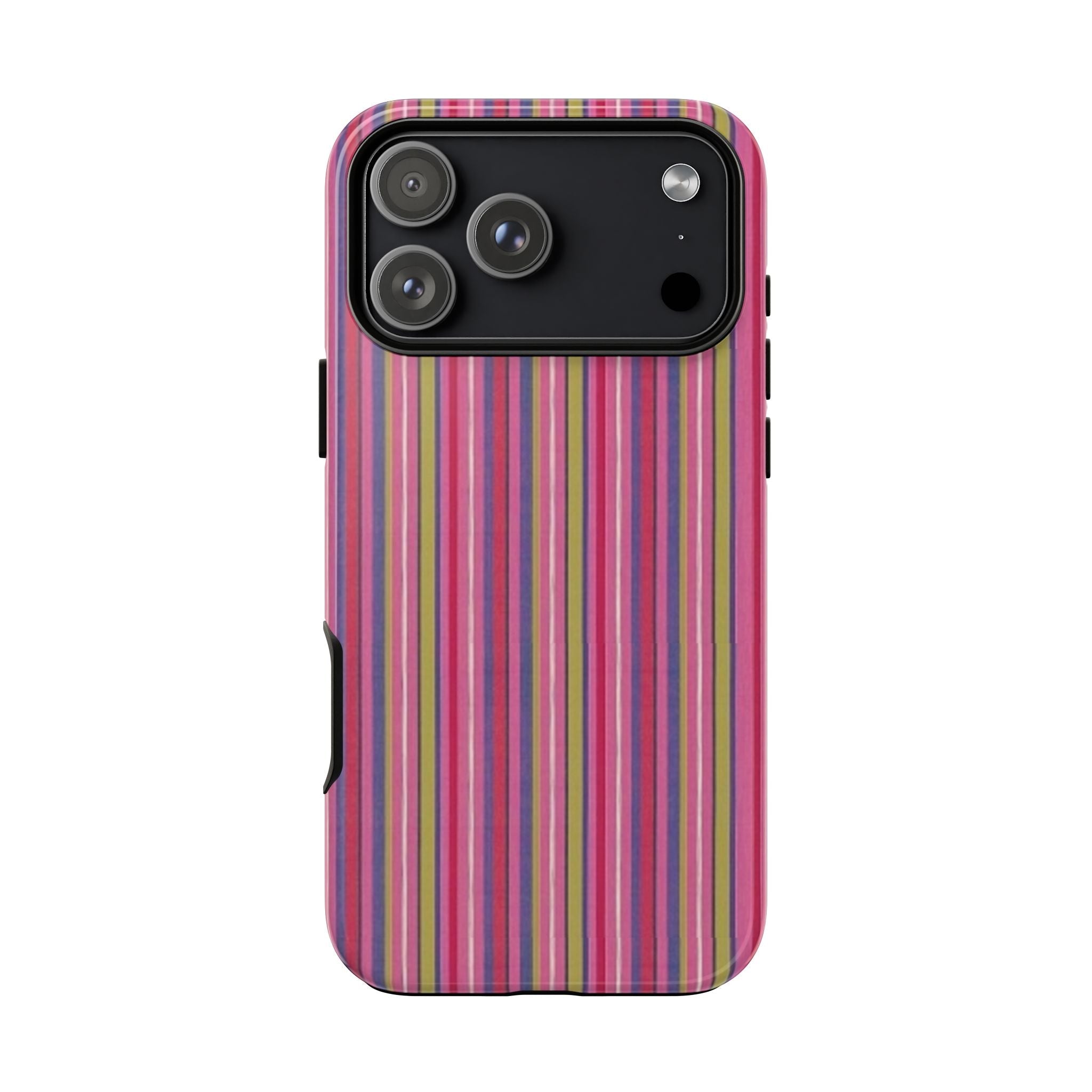 Back of multi-color striped phone case, black camera panel visible