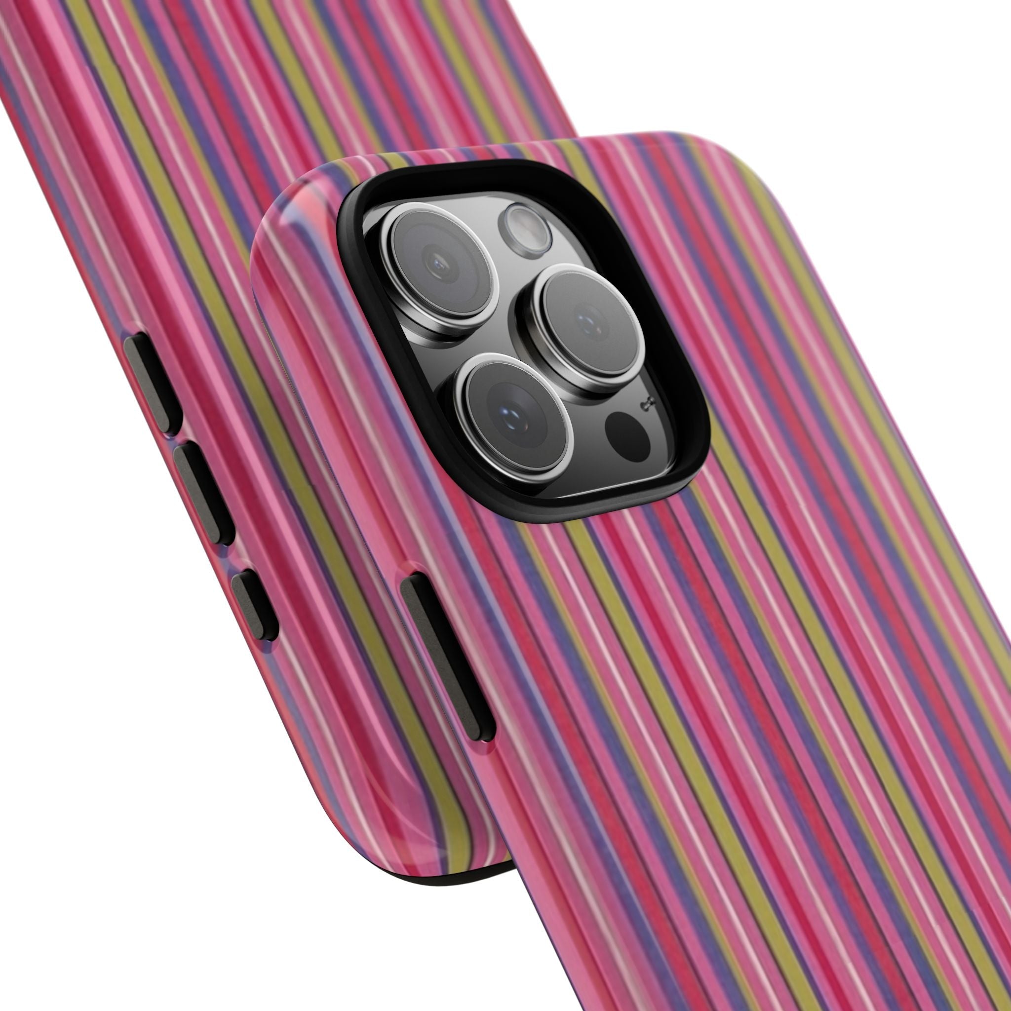 Angled view of striped phone case with side button cutouts and camera-lens cutout