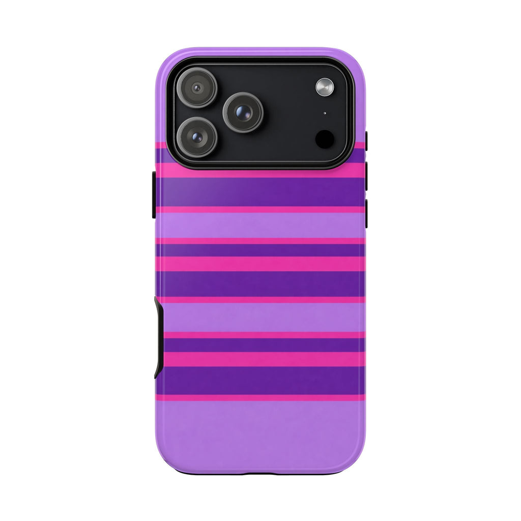 Purple phone case with pink stripes, back camera panel and side buttons
