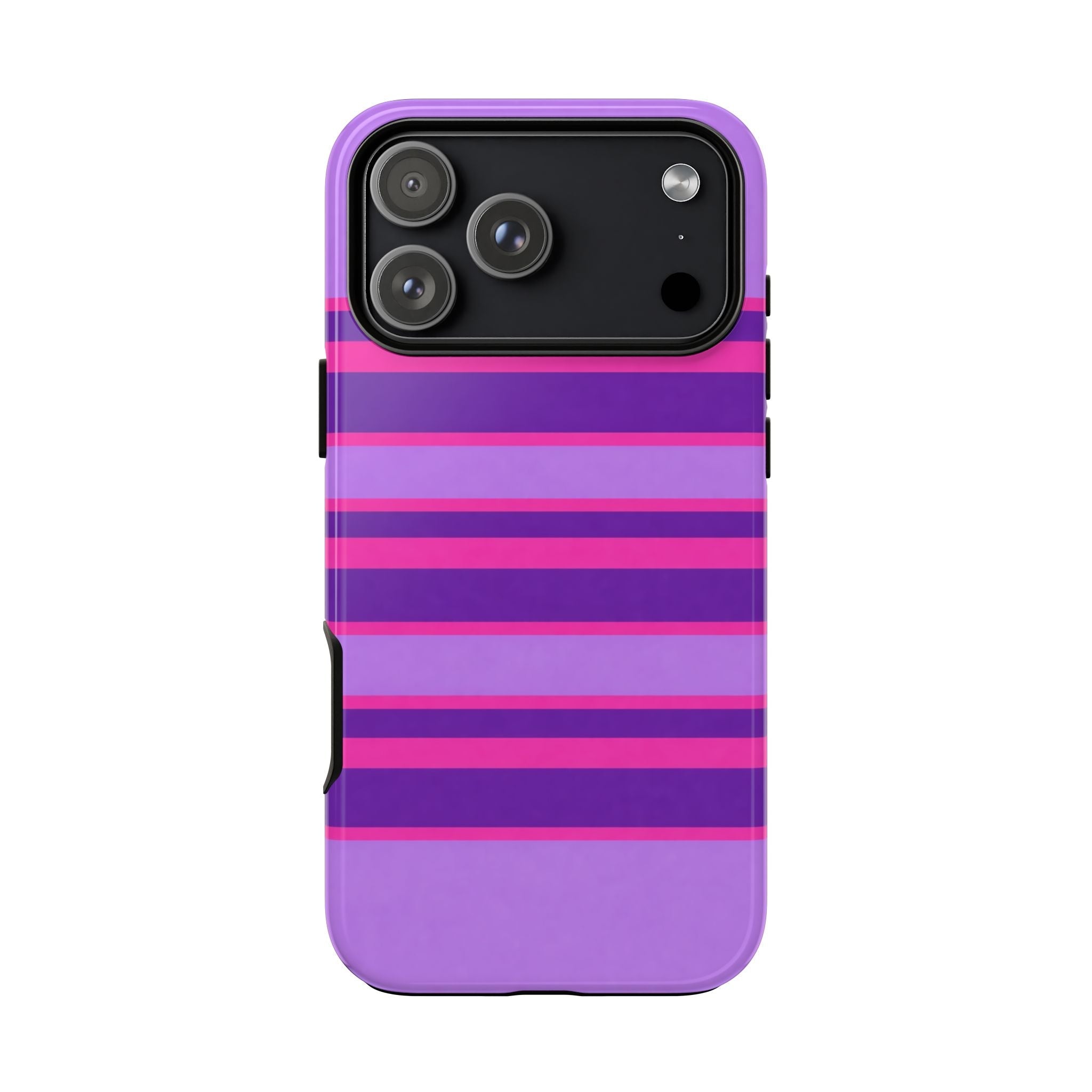 Purple phone case with pink stripes, back camera panel and side buttons