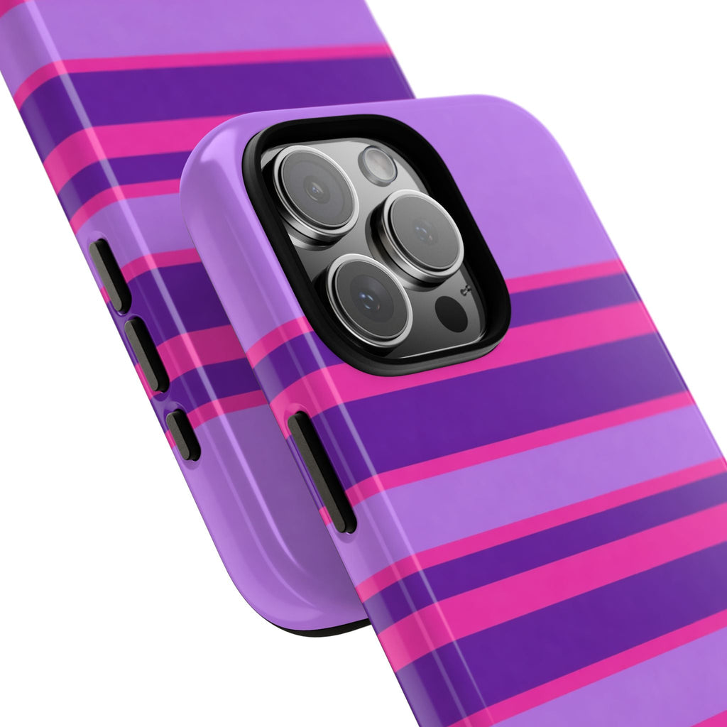 Angled view of purple phone case with pink stripes and raised lens covers