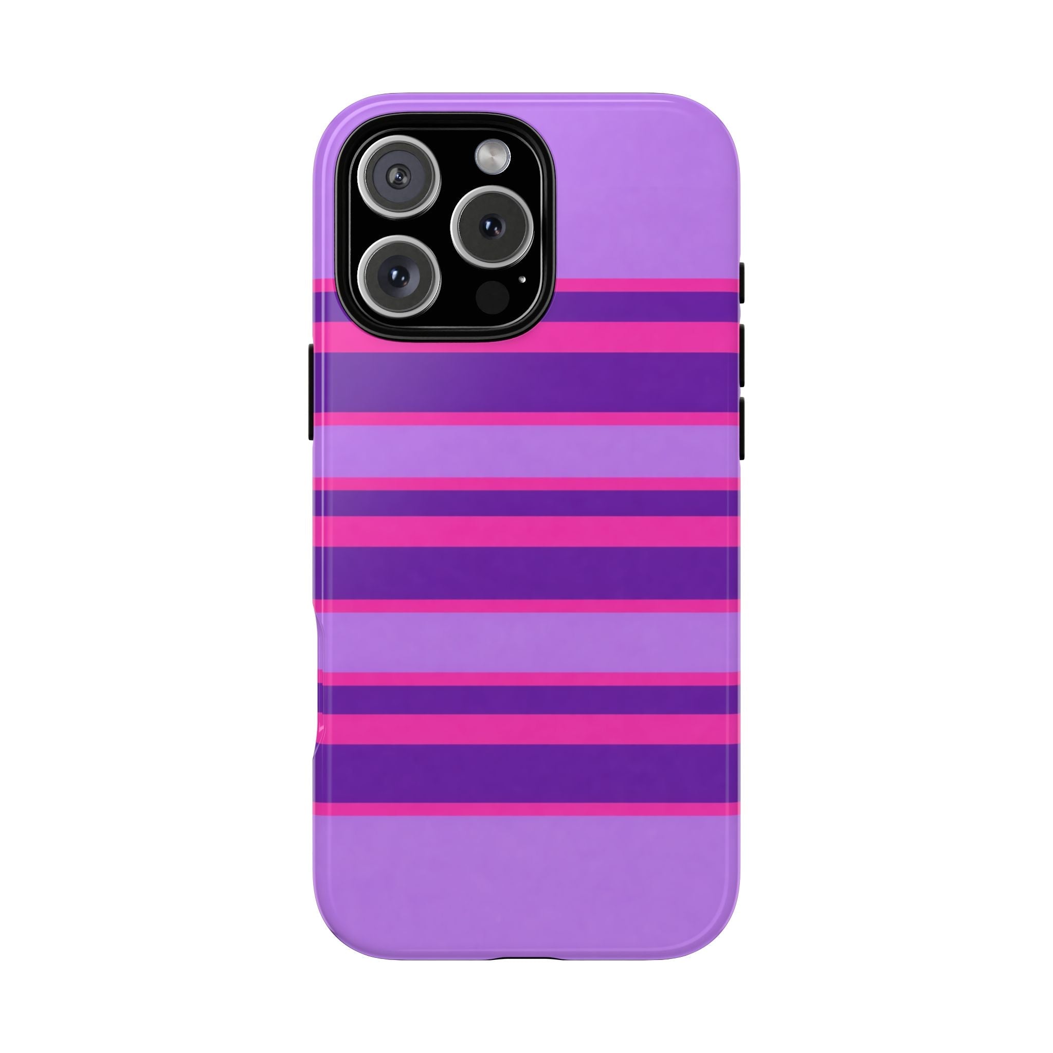 Purple phone case with pink horizontal stripes and camera cutouts