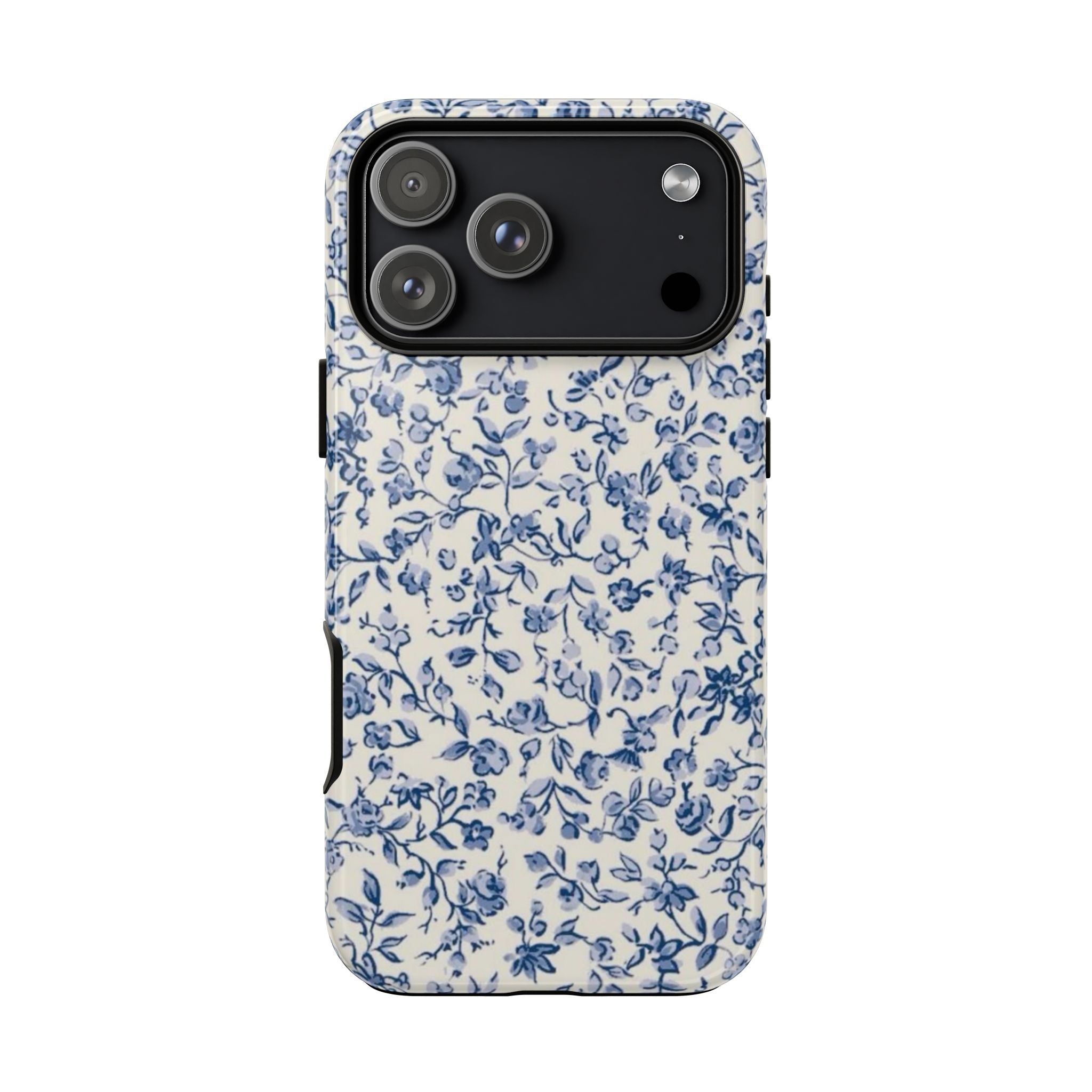 Phone case back view with blue ditsy floral print and raised camera rim