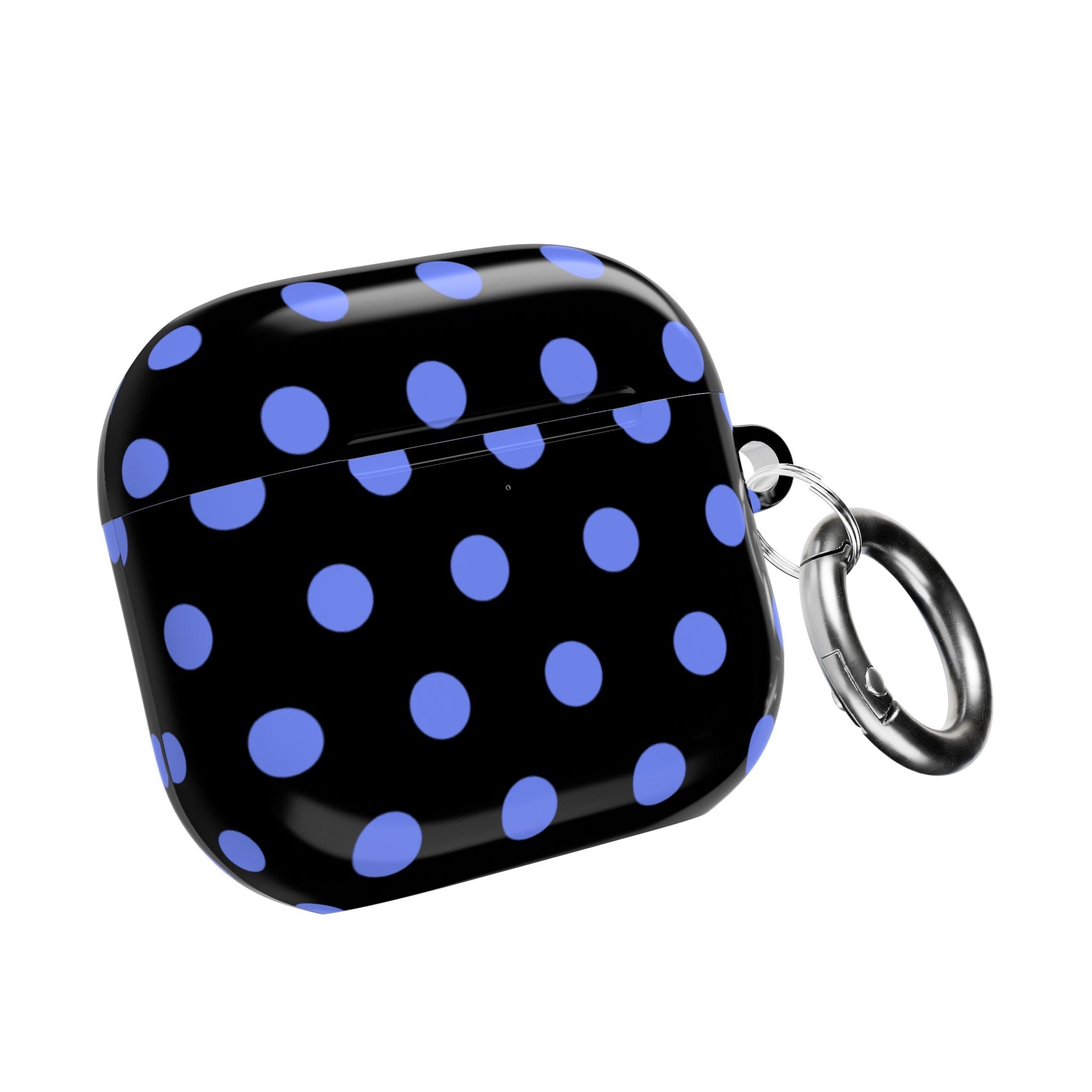 Midnight blue AirPods case with purple polka dots, closed, with metal key ring