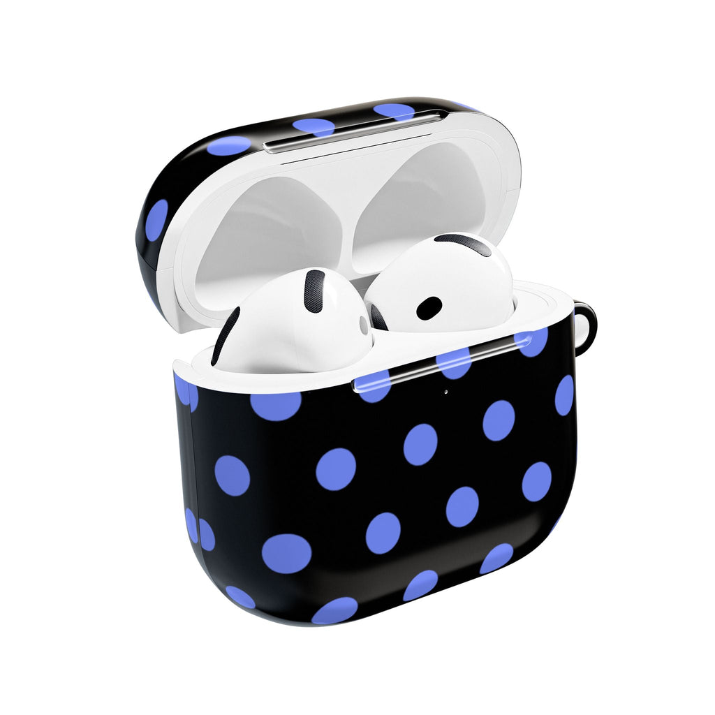 Midnight blue AirPods case with purple polka dots, open lid showing earbuds