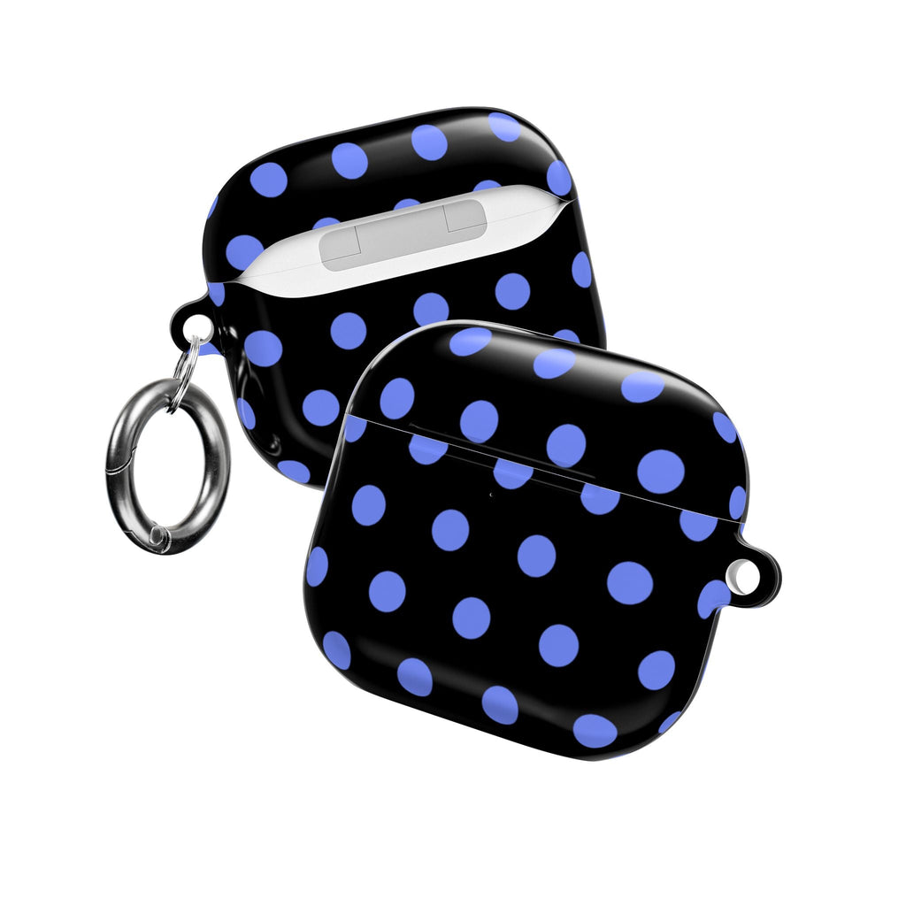 AirPods case with purple polka dots on midnight blue, two views with metal rings
