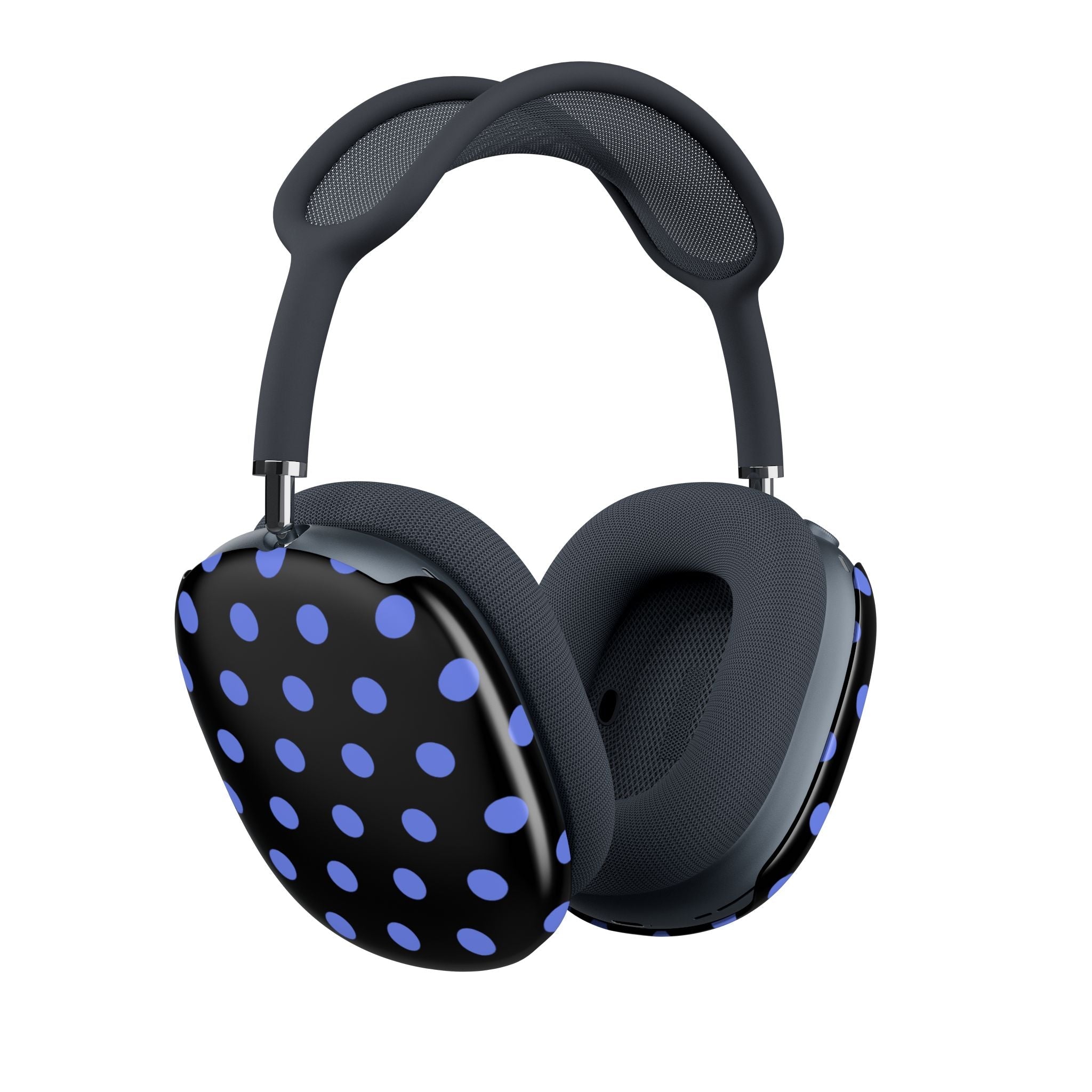 AirPods Max case covers: angled view of blue polka-dot ear pads on dark base