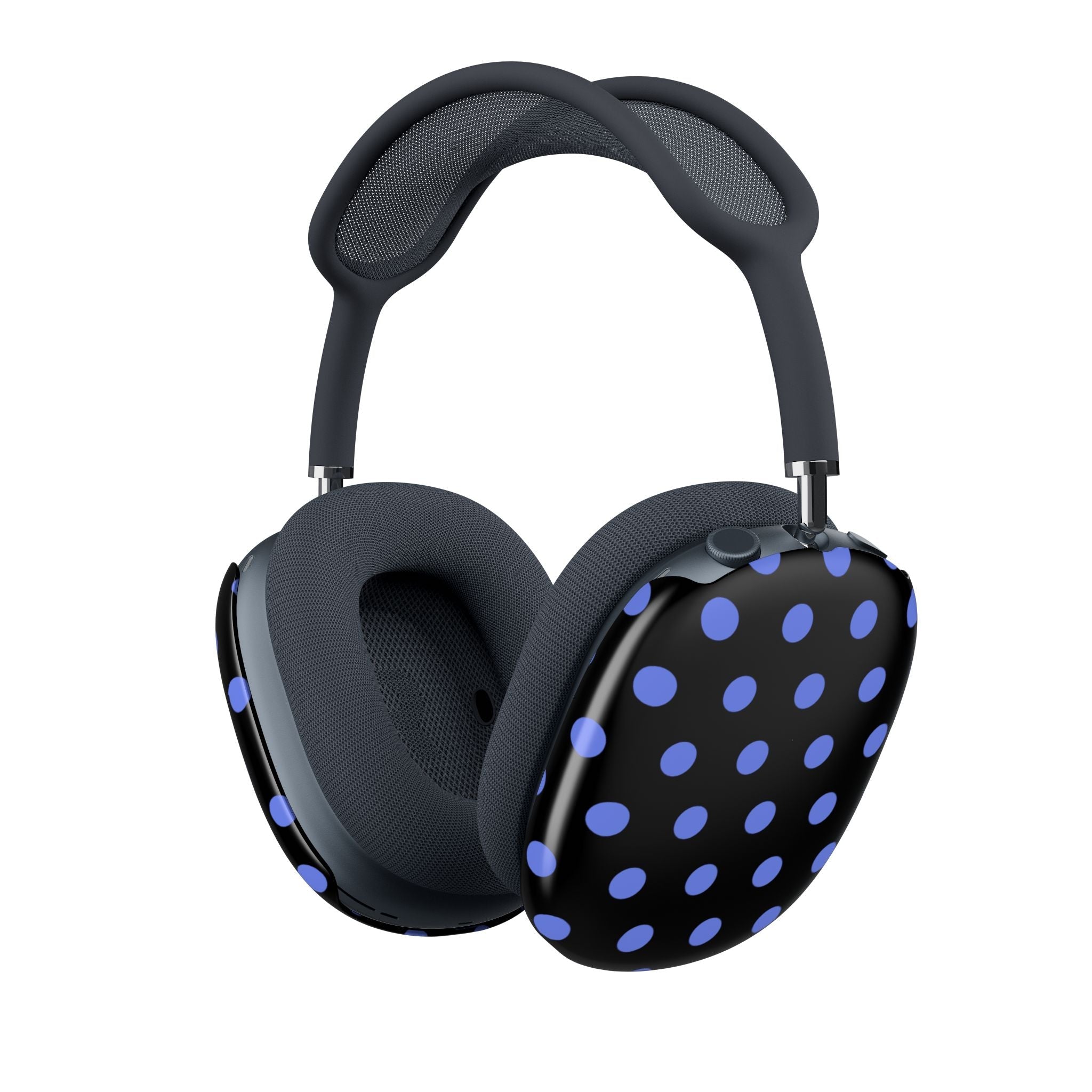 AirPods Max case covers with dark base and blue polka-dot ear pads