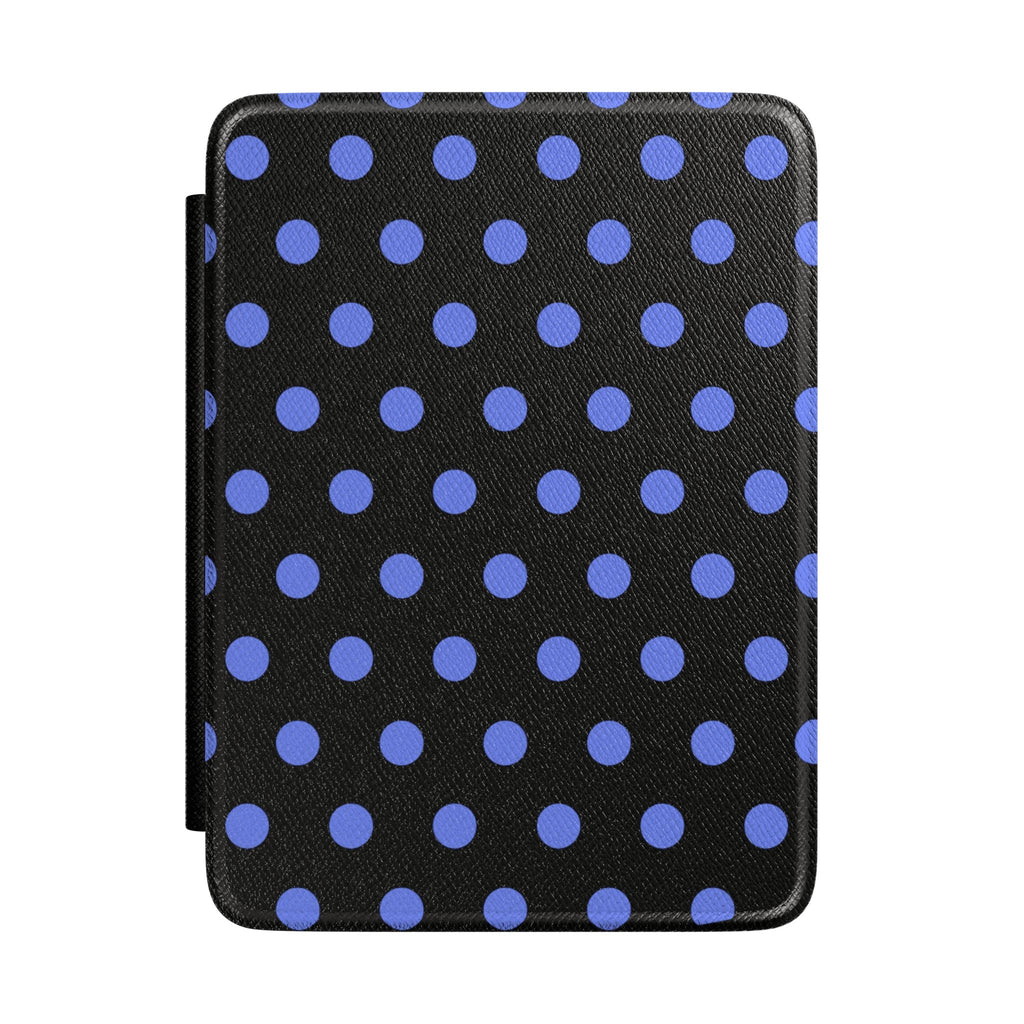 Hardcover Kindle case with blue polka dots on dark fabric