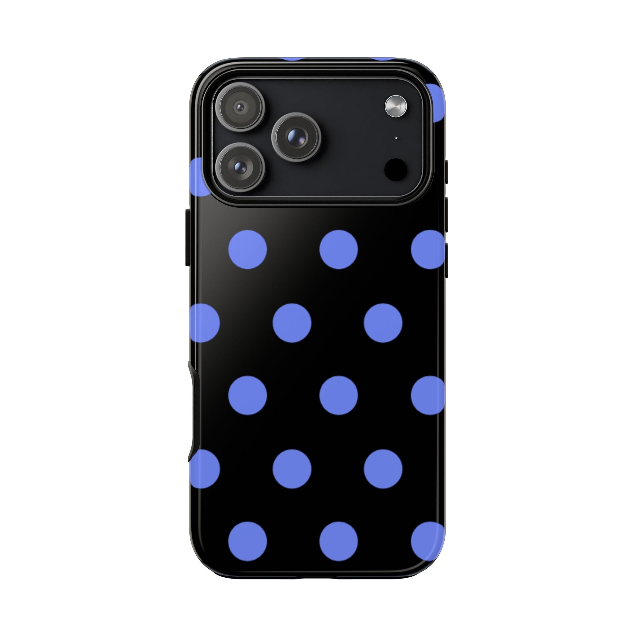 Black phone case, blue polka dots with camera cutout